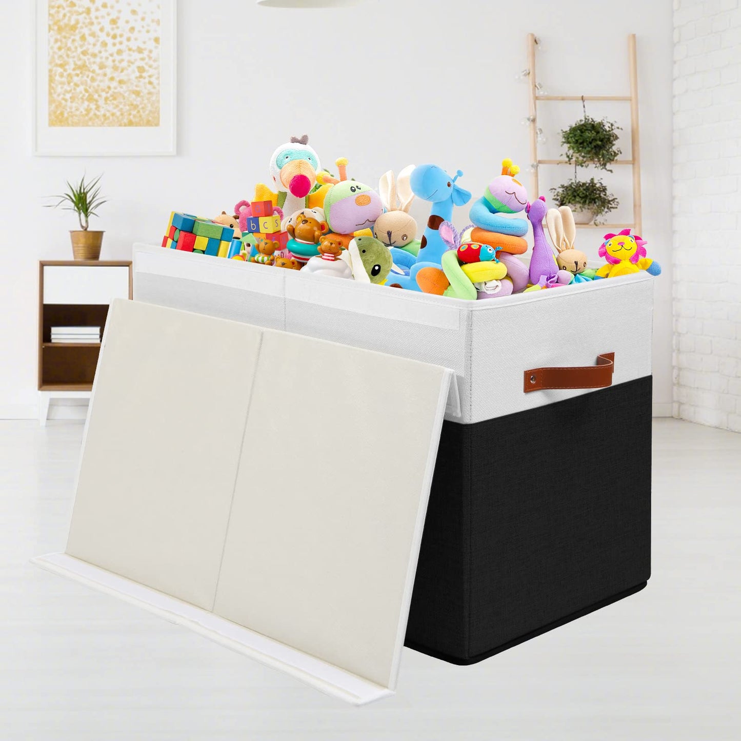 Gowee Large Toy Storage Box with Lid, Sturdy Toys Storage Chest Bin Organizer Basket with Dividers for Kids, Boys, Girls, Nursery, Closet, Bedroom, Playroom 25"x13" x16" (Black and White)