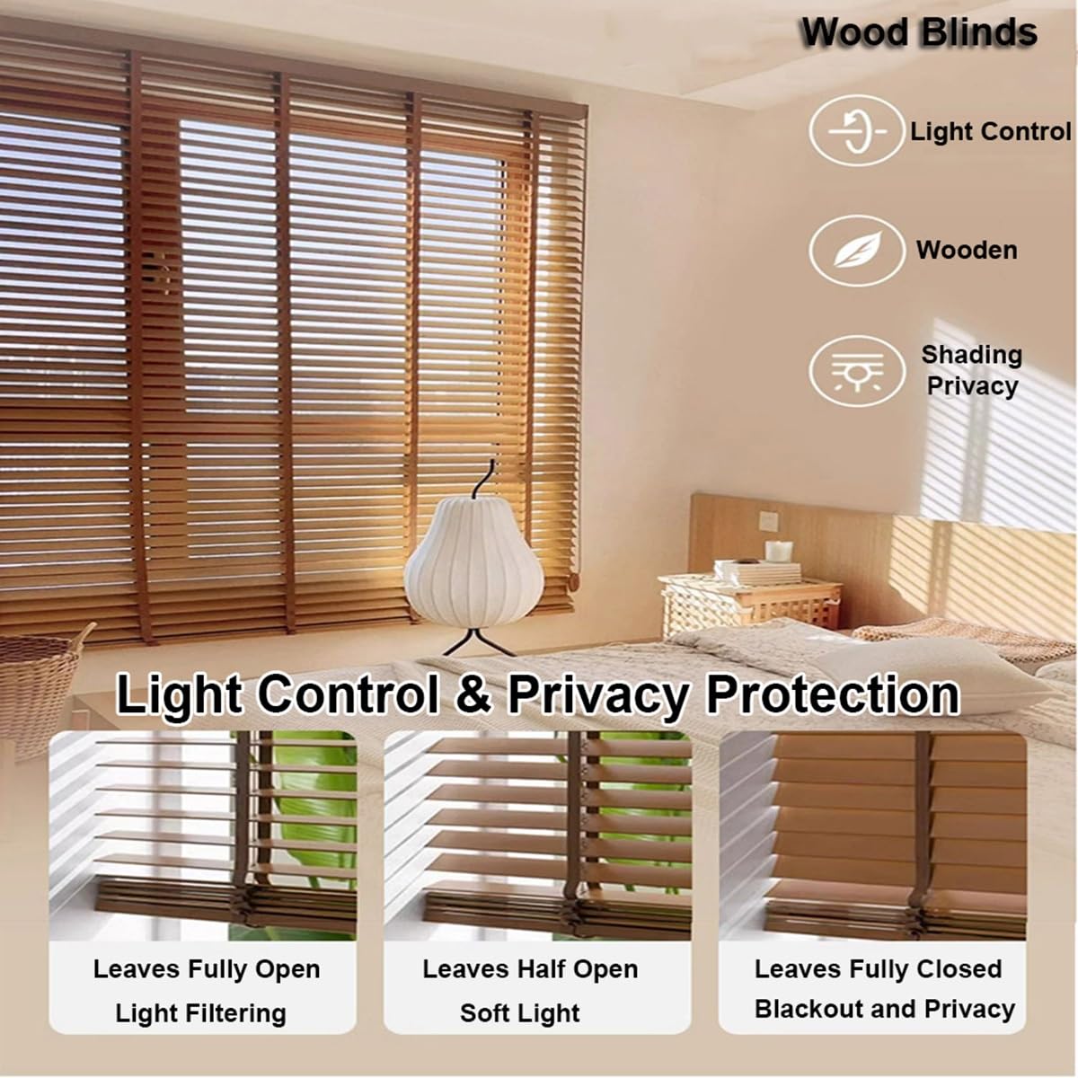Wood Blinds for Indoor Windows, 2" Slats Faux Wooden Blinds, 22" 30" 35" 40" 42'' 46'' 48'' 50" 55" 66" 70" 75" Blackout Horizontal Window Shades, Cordless Privacy Blind for Bedroom,Living Room(Brown)