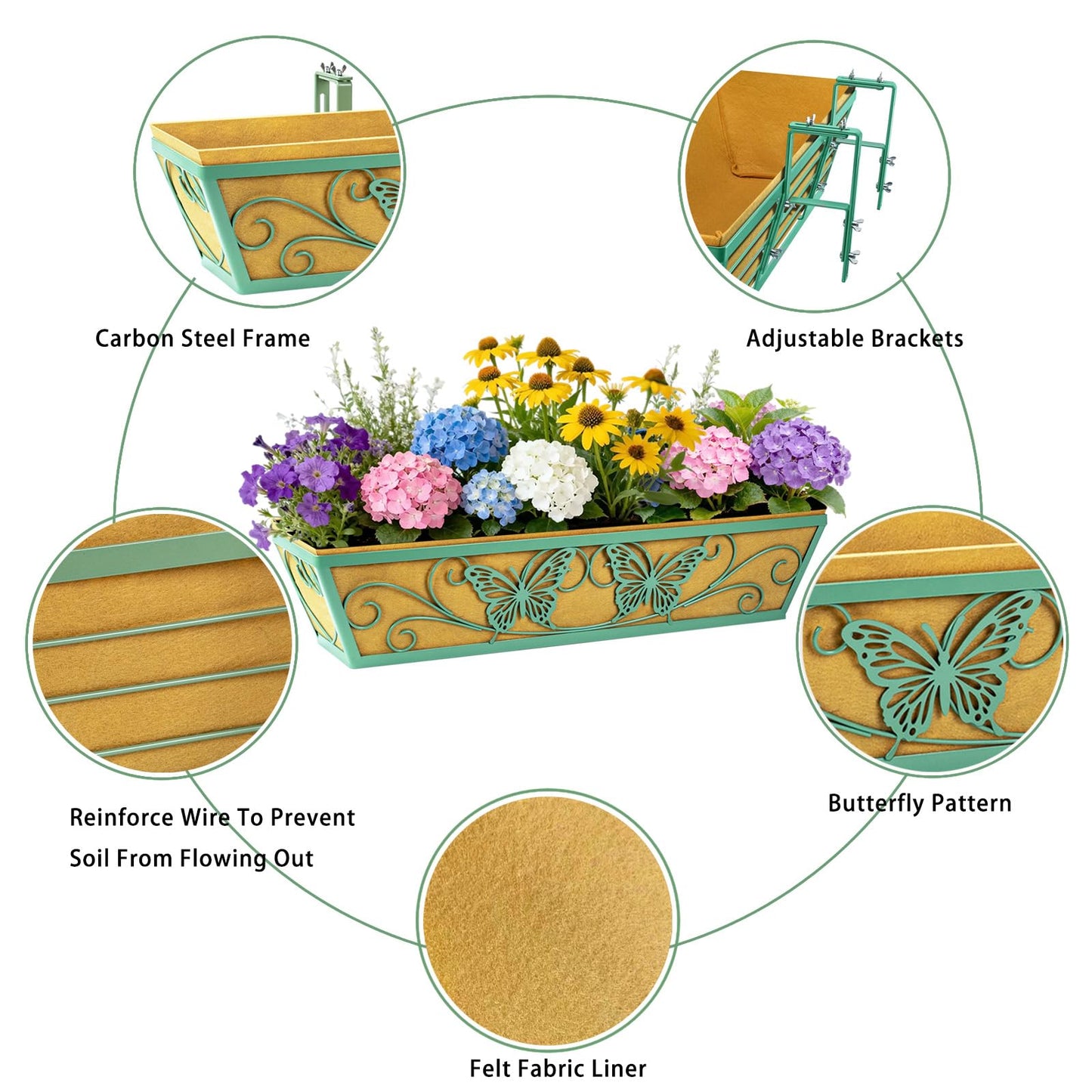 2 Pack 24 Inch Window Boxes Planter Railing Planters Box with Adjustable Brackets for Porch Deck Balcony Hanging Butterfly Decorative Flower Baskets & Non-Woven Fabric Liner for Outdoor Plants - Green