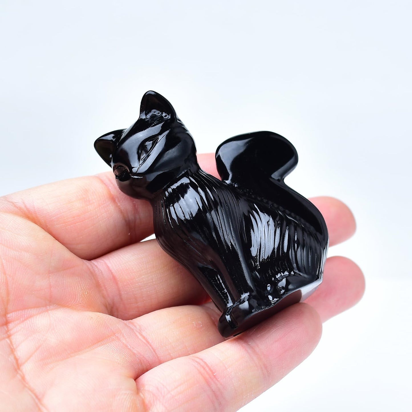 WUYOUSHI Natural Obsidian Crystal Cat Statue 2.4 Inch - Handmade Healing Sculpture, Lucky Guardian Pocket Statue for Reiki Meditation, Office & Home Decoration Gift