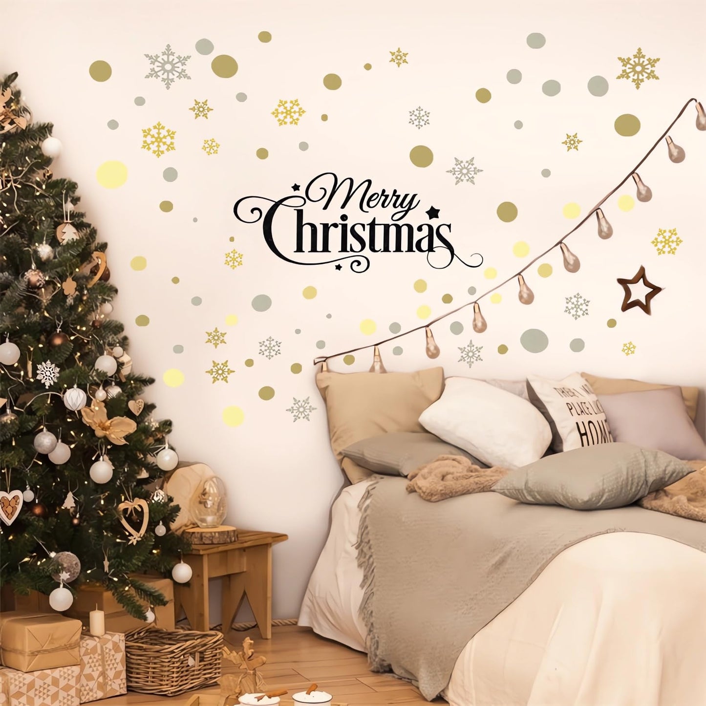 Christmas Gold Brown Gray Polka Dot Snowflake Wall Stickers,sacinora DIY Circle Art Wall Decal Removable Vinyl Peel and Stick for Christmas Party Living Room Bedroom Nursery Children's Room Decoration