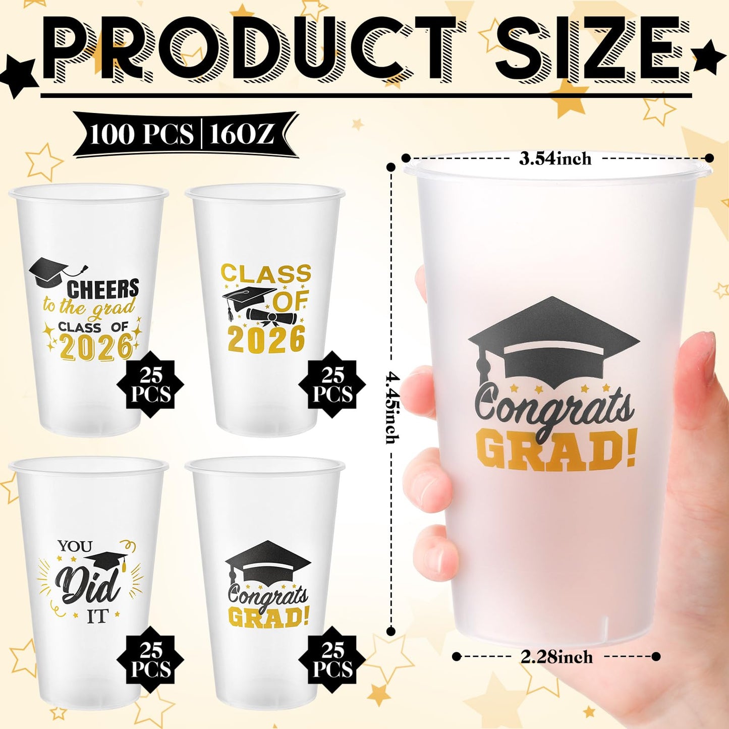 Yungyan 100 Pcs Frosted Graduation Cups 2026 Frosted Plastic Cups 16 oz Disposable Graduation Party Favors Congrats Grad Tableware Decoration for School Supplies
