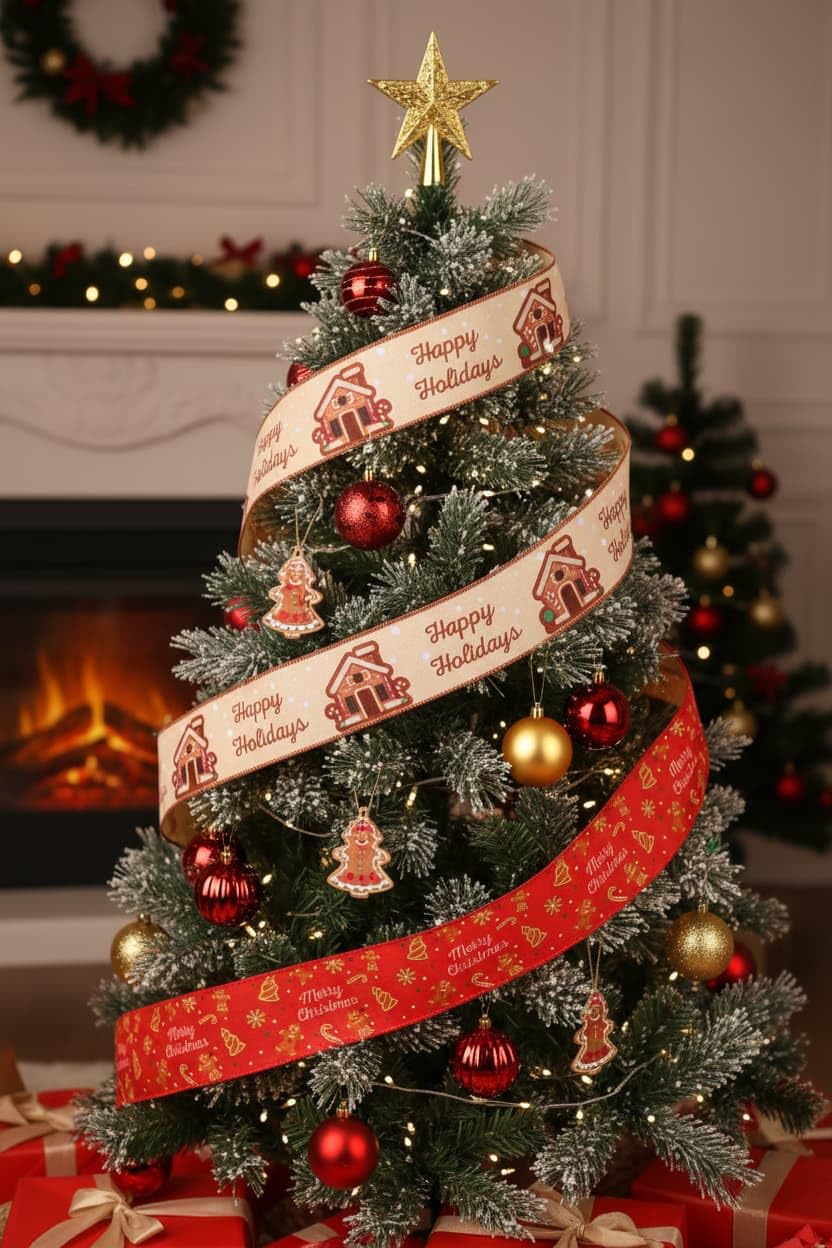 YKW 2 Rolls Christmas Ribbon Set,Gingerbread Man House Wired Edge Ribbons, 2.56" x 5 Yards Each - for Wreath,Bow, Gift Wrapping, Tree Decor - Festive Red & Cream Holiday Patterns