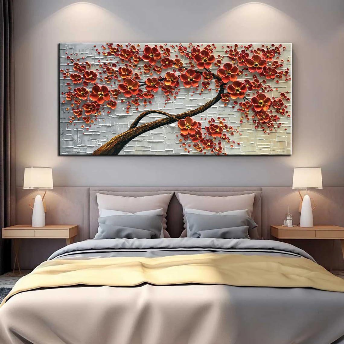 YaSheng Art -Large 3D Textured Framed Abstract Floral Oil Painting ,Wall Art for Living Room,hand painted Canvas Wall Art, Bedroom Wall Art Decor, 3D Red Floral Artwork, Modern Home Wall Decor 60x24inch