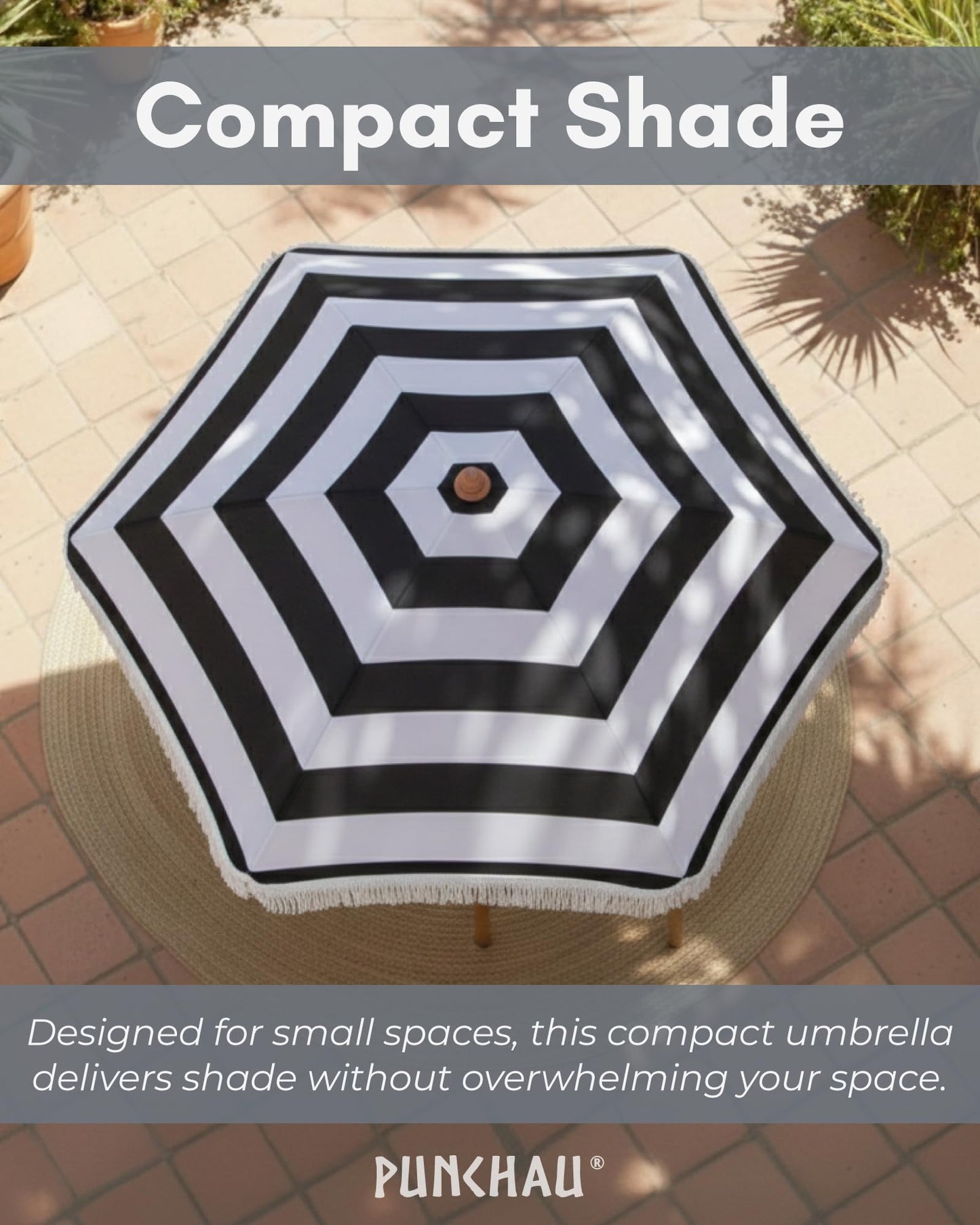 Punchau 6 Ft Fringe Patio Umbrella - Outdoor Umbrella for Patio, Pool, Table, Garden, Deck, & Beach - Push Button Tilt Pole - Fashionable Boho Vintage Tassels & Wood Print - Black & White