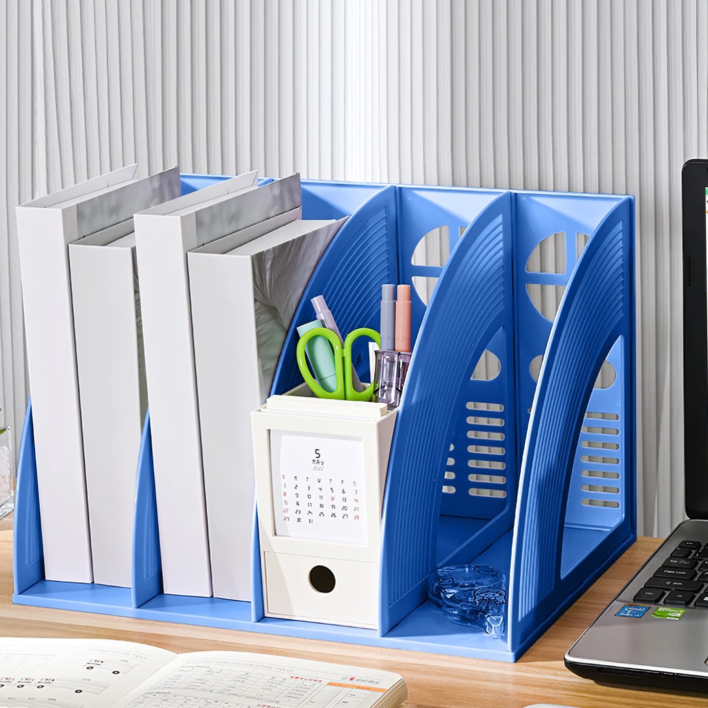 Marte Vanci Magazine File Holder Vertical PP Folder Book Desktop Organizer Plastic Storage Sturdy Vertical 4 Section Folder (Blue)