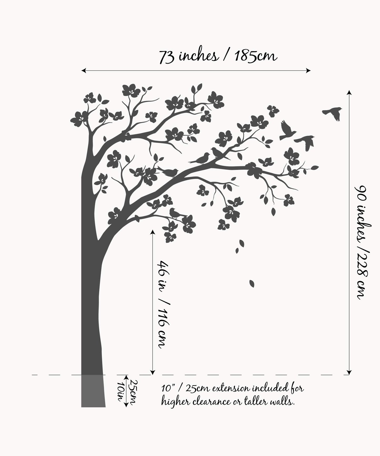 Large Corner Tree Wall Decal with Big Blossoms, Birds and Leaves Nursery Wall Art Sticker Mural 087 (Leaning Right, Black, White)