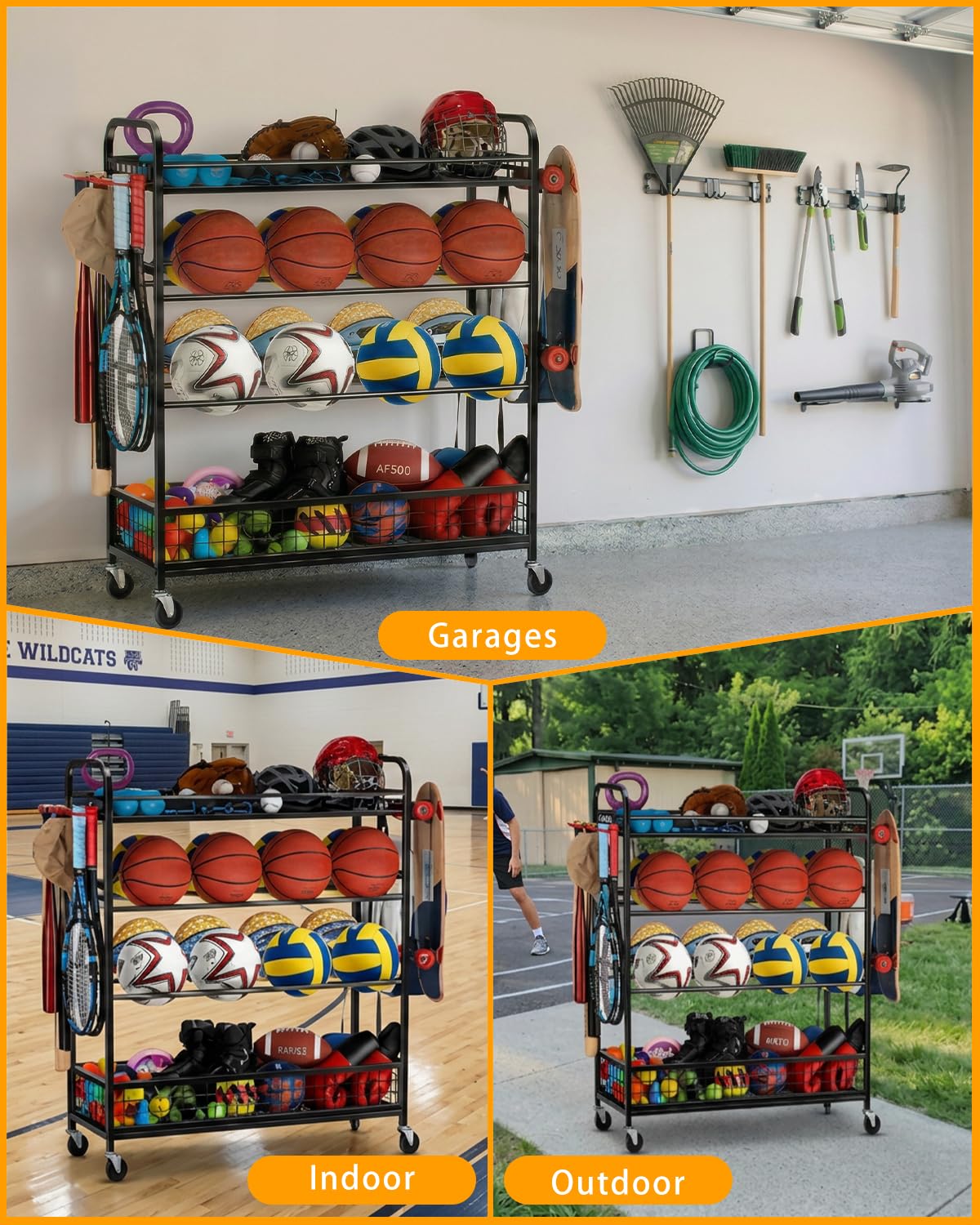 EXTCCT Garage Sports Equipment Organizer - Rolling Ball Storage Bin with Wheels, Garage Sports Gear Rack Outdoor Basketball Racks for Balls with Baseball Bat Holder and Hooks, Toy Organizer