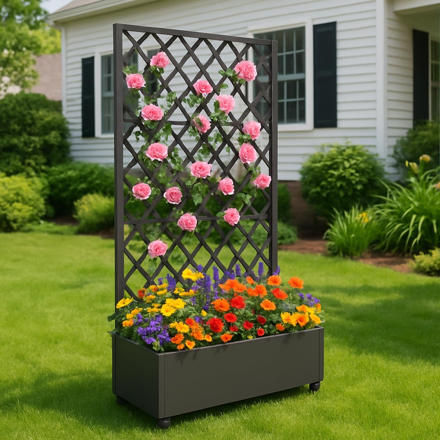 GAOMON Metal Planter Box with Diamond Lattice Trellis & Wheels, Raised Garden Bed w/Privacy Screen & Drainage Hole for Climbing Plants, Flower & Vine (72 in x35 in Black)