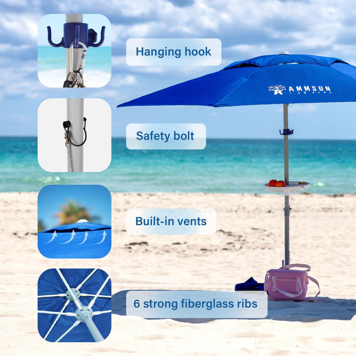 AMMSUN 8ft Large Beach Umbrellas for Sand Heavy Huty Wind Portable Commercial Grade Patio Beach Umbrella with Sand Anchor Adjustable Height Air Vent UPF 50+ Telescoping Pole without tilt Dark Blue