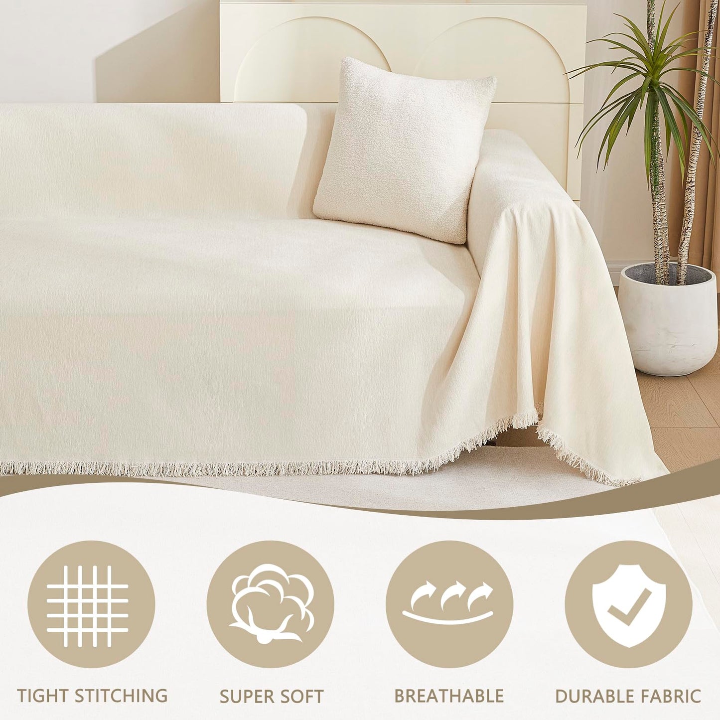 MYSKY HOME Couch Cover for Pets, Beige Couch Covers for 2 Cushion Couch Sofa, Sofa Slipcover Sectional L Shape Chenille Covers for Pets, Throw Couch for Dogs, Kids,71" X118"