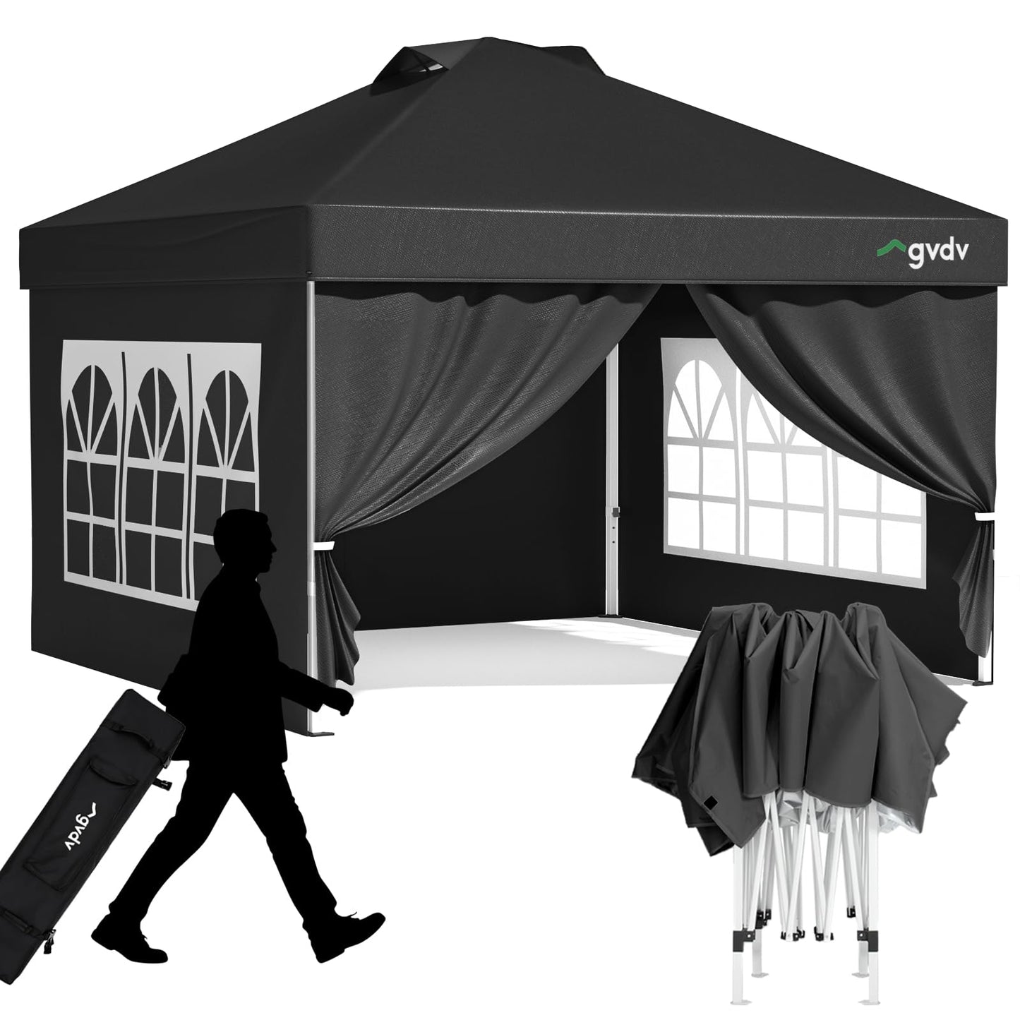 GVDV 10x10 Pop Up Canopy Tent with 4 Sidewalls, Beach Tent with One Push Setup, Outdoor Sun Shade for Events, Parties, Camping - Gazebo with Wheelbag, Black, CP23 B