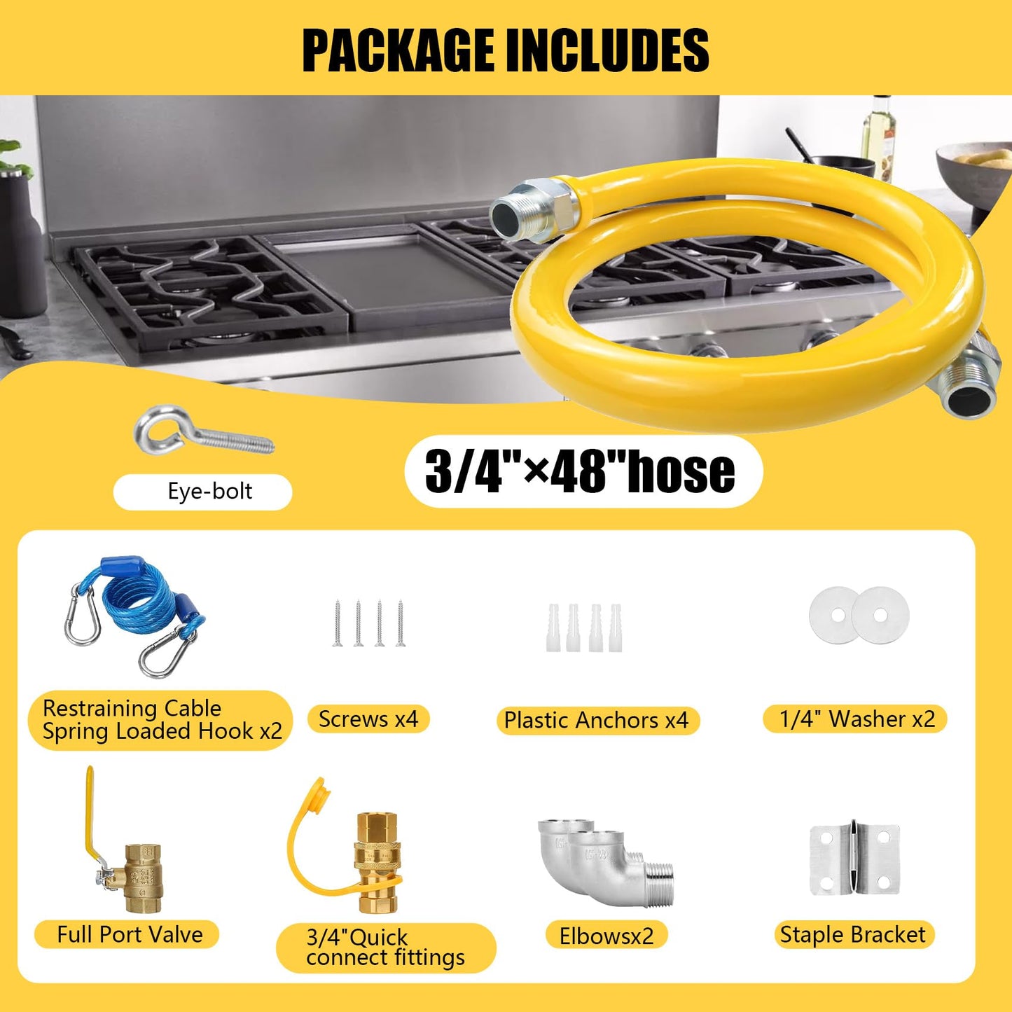 IMOLI Safety System Kit, 3/4" ID Natural Gas Line Hose, 48" Commercial Kitchen Gas Hose, Mobile Gas Connector Hose Kit with 2 Elbow Fittings, 3/4 Flexible Gas Hose