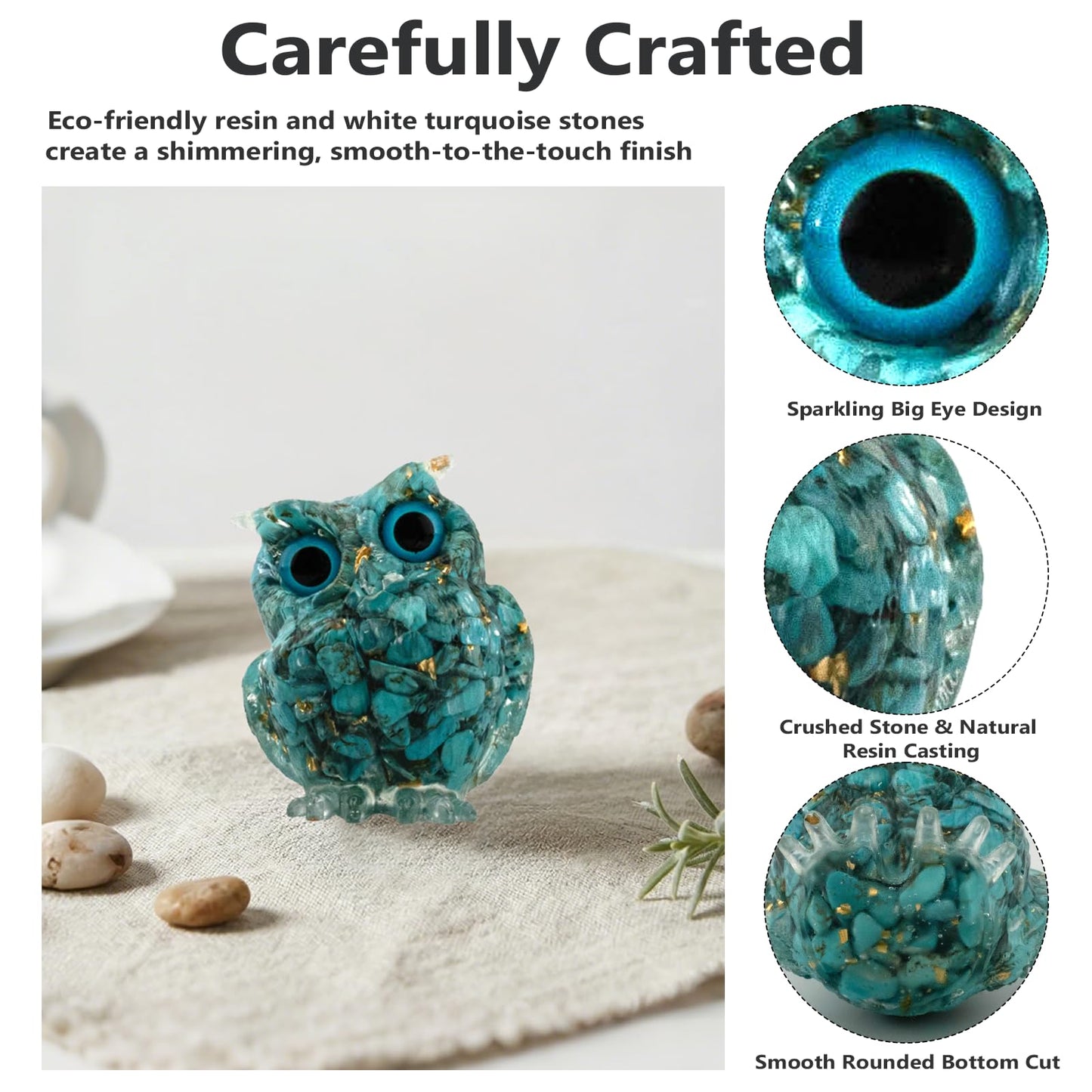 PinpinPony Owl Statue, Natural Gemstones Decor for Home Office, Shelf Display Figurine, Handcrafted Unique Owl Sculpture(Green)