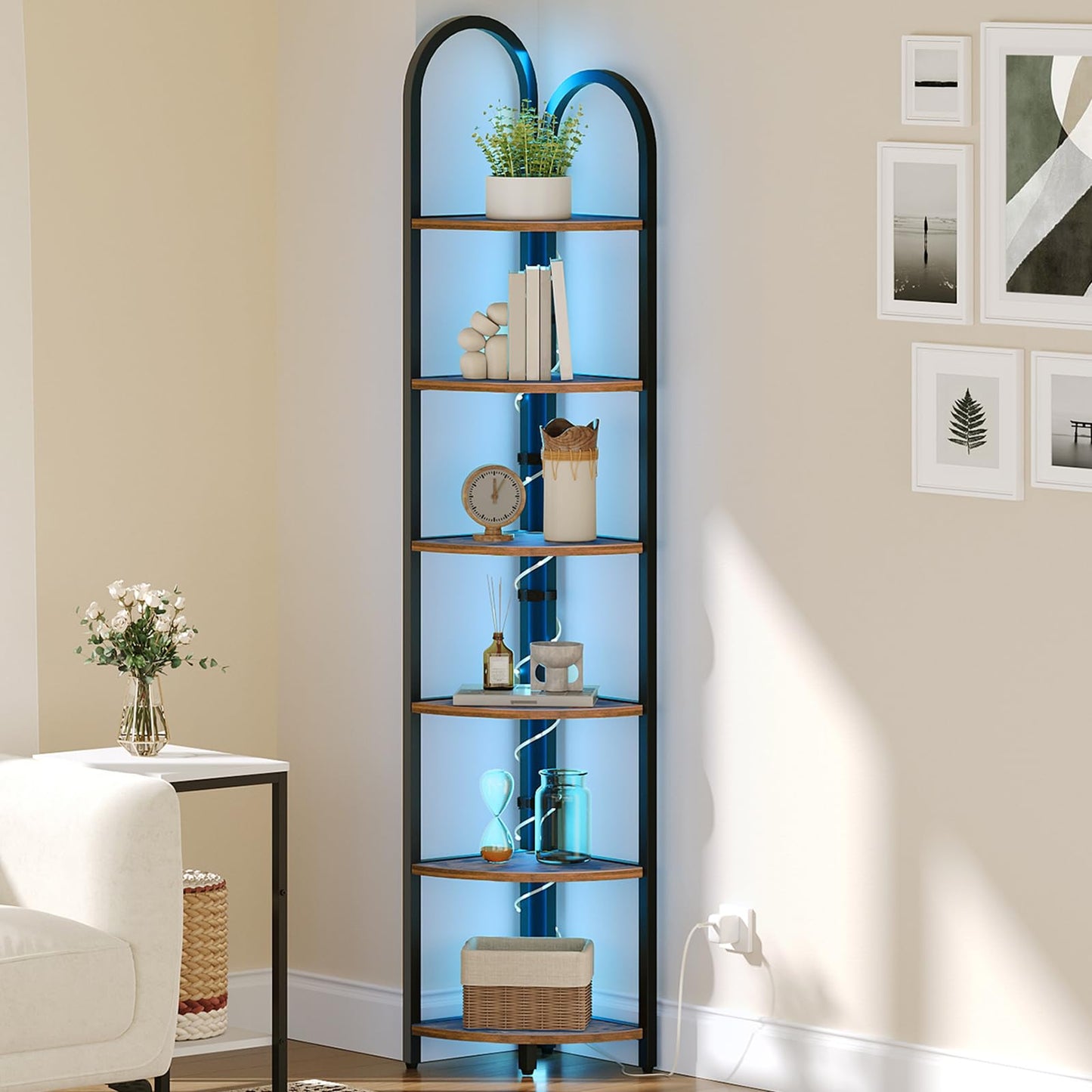 MAHANCRIS 6 Tier Corner Shelf with LED Light, 74.6'' Tall Corner Bookshelf Stand, Narrow Display Bookcase with Storage Rack for Wall Corner, Living Room, Bedroom, Small Spaces, Rustic Brown CSHR66101