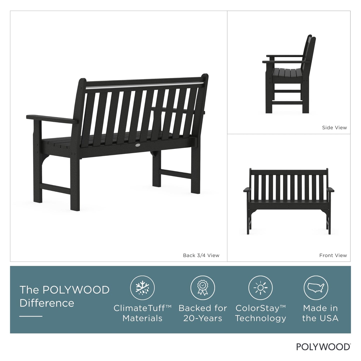 POLYWOOD GNB48BL Vineyard 48" Bench, Black