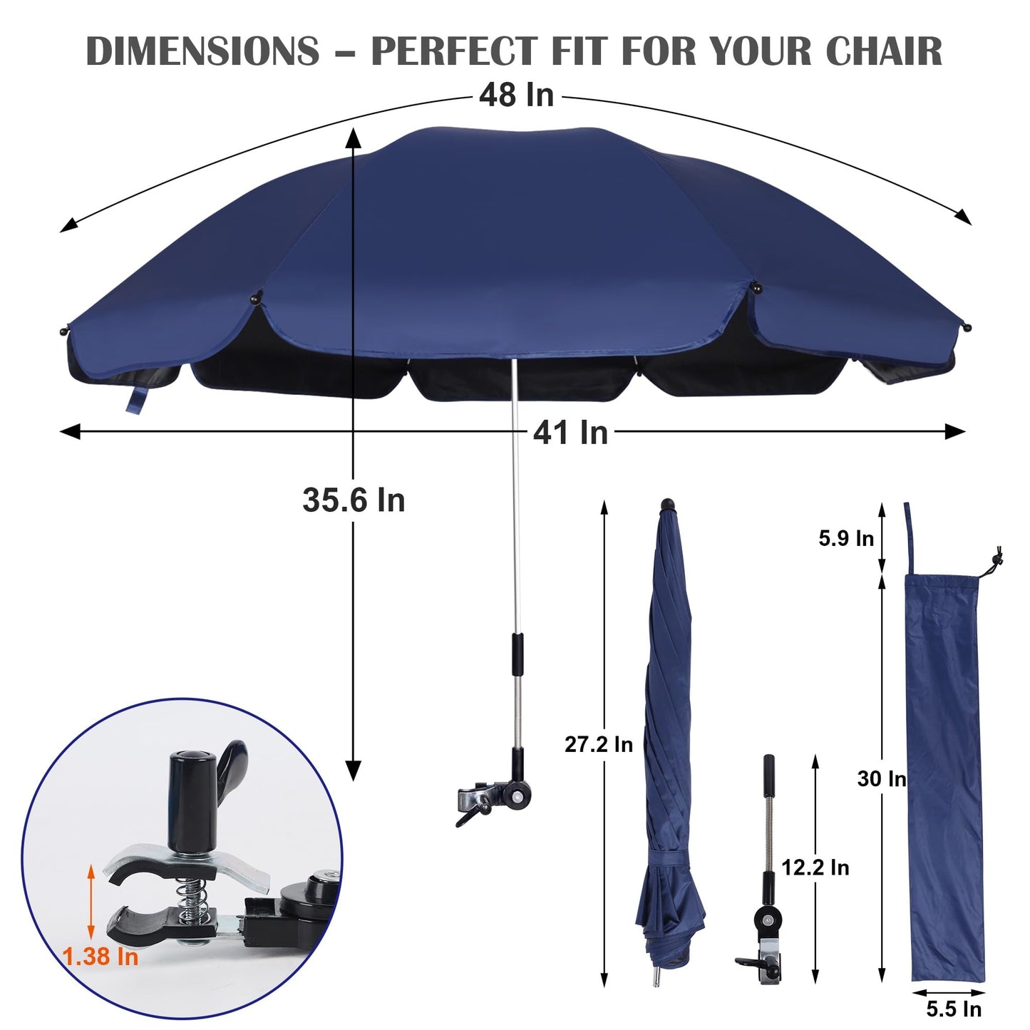 Blissun 2 Pack Chair Umbrella with Clamp, Adjustable Umbrellas for Chair, UPF50+ Sun Shade Umbrella for Beach Chair, Wheelchair, Camping Chair, Patio Chair, Golf Carts, Navy Blue