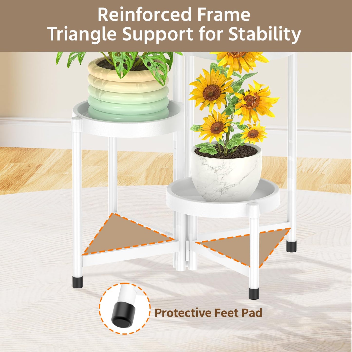 LASZOLA 4 Tiered Plant Stand Indoor Outdoor with Plastic Tray, Corner Folding Tall Flower Display Rack, Modern Plant Holder Shelf for Outdoor Patio Porch Garden Office Living Room, White