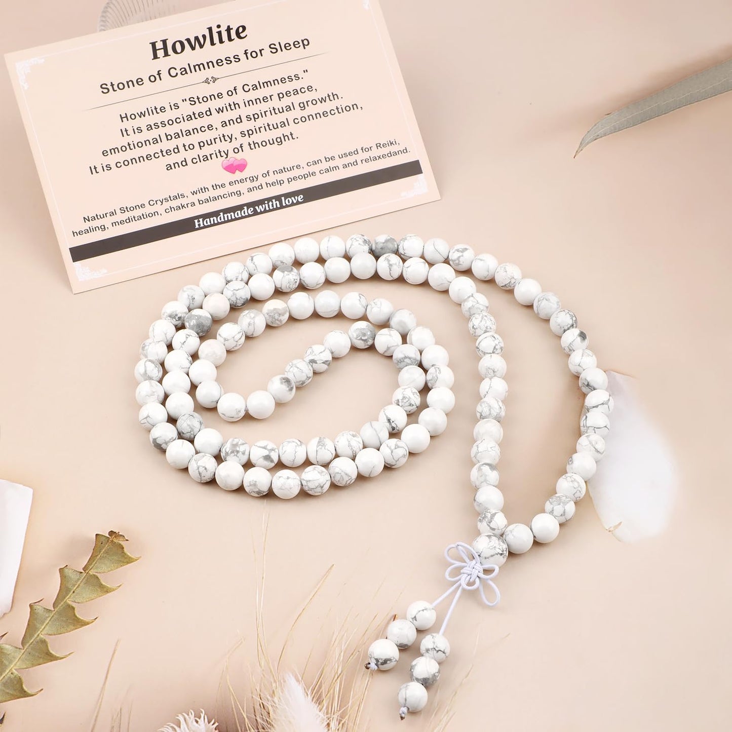 AD Beads 8mm 108 Prayer Mala Howlite Elastic Bracelet - Calmness for Sleep - Handmade Yoga Meditation Healing Power Energy Gifts for Unisex Adult.