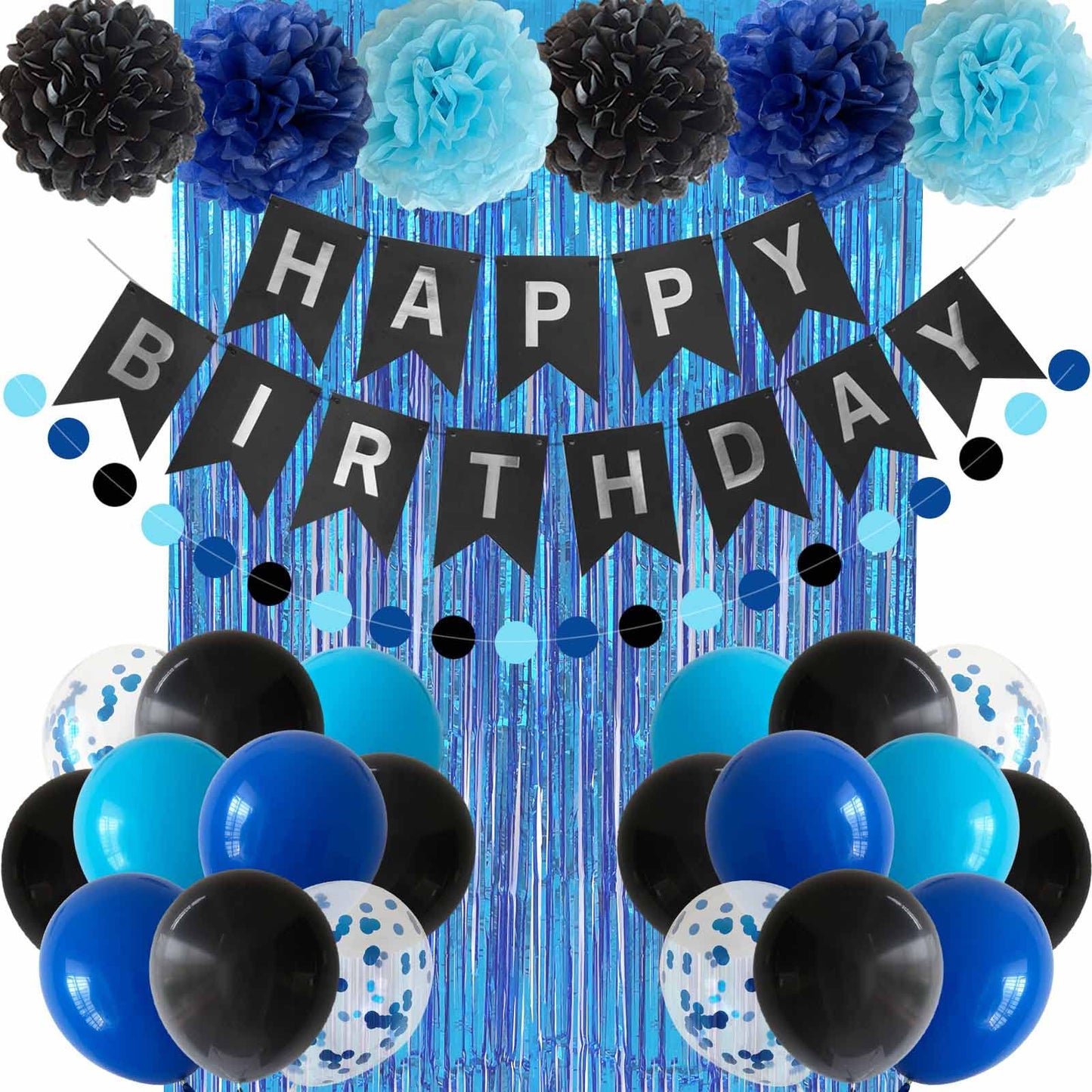 ANSOMO Blue and Black Happy Birthday Party Decorations for Boys Men Banner Balloons Navy Royal Light Blue Pom Poms Foil Curtain Décor Supplies 13th 16th 18th 20th 30th 40th 50th 60th 70th 80th
