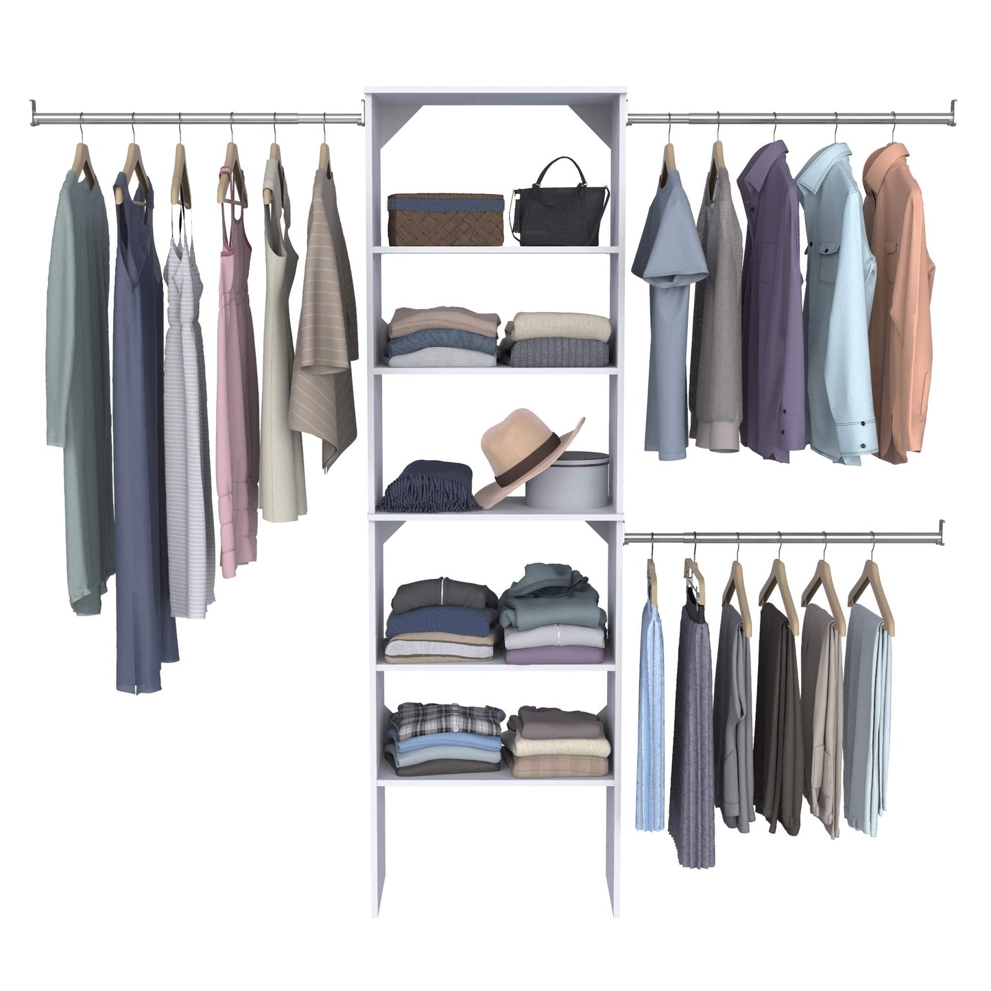 ClosetMaid SuiteSymphony Wood Closet Organizer System, 25-Inch Starter Kit with Tower and 3 Hang Rods and Shelving, Adjustable Shelves, Customizable Insert, Reach-in or Walk-in Closets, Pure White