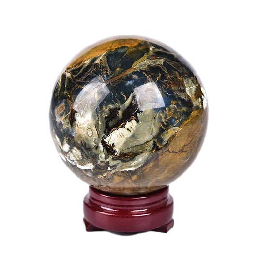 JIC Gem Pietersite Crystal Sphere with Wooden Stand,Decorative Crystal Ball Blues and Golden Browns Gemstone Sphere for Meditation,Feng Shui,Witch-Style Decor,Office Table Decorations 70-80mm