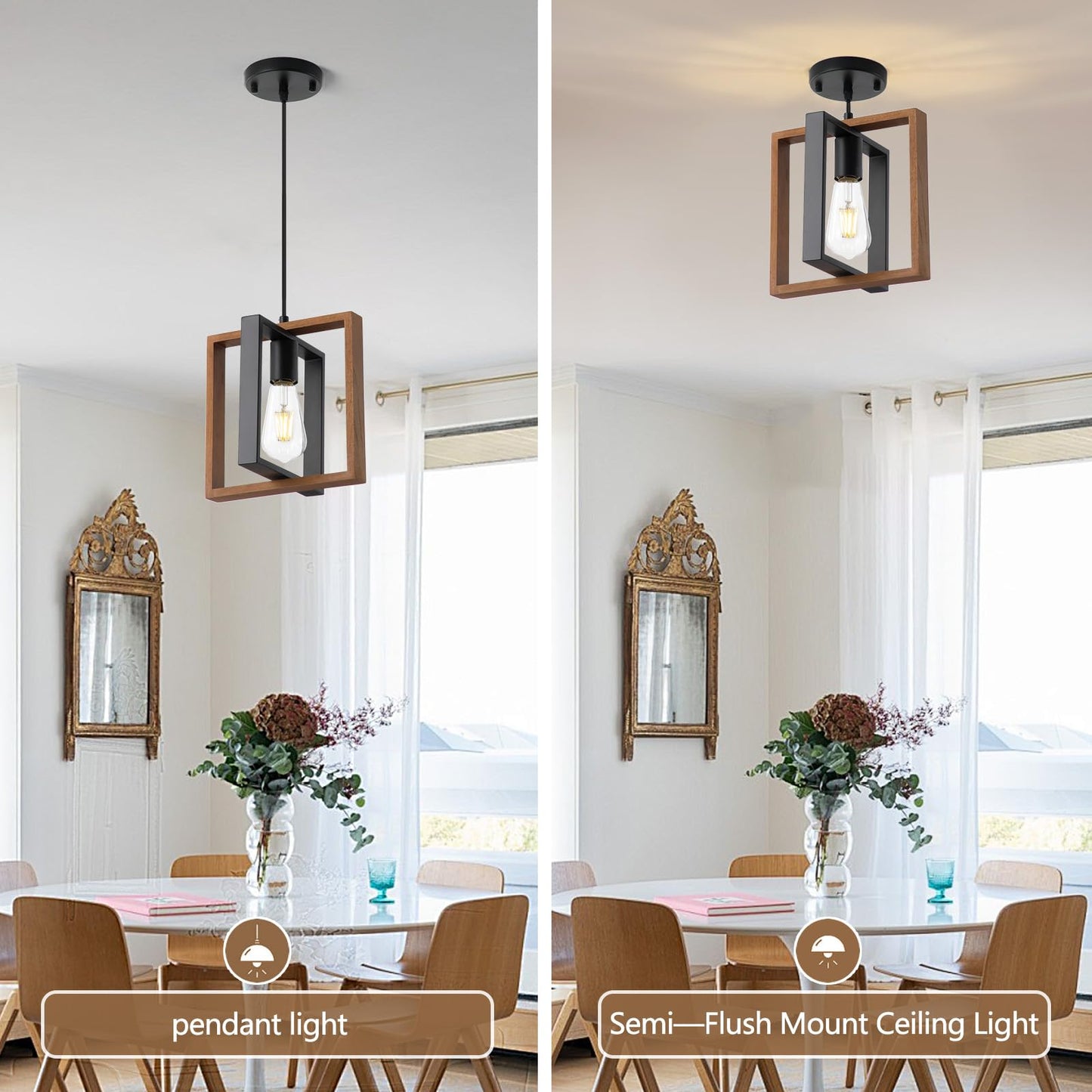 9MMML Industrial Small Pendant Lighting, Farmhouse Kitchen Island Hanging Lamp with Cord, Wood+Metal,1 Light E26 Fixture for Dining Room Bedroom Hallway Entryway,9.5 inch