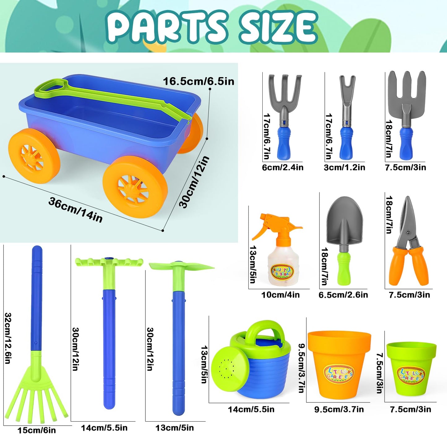deAO Kids Garden Wagon Wheelbarrow and Gardening Tools Play Set Includes 10 Accessories and 4 Plant Pots,Great Outdoor Toddler Toys Kids Gardening Set