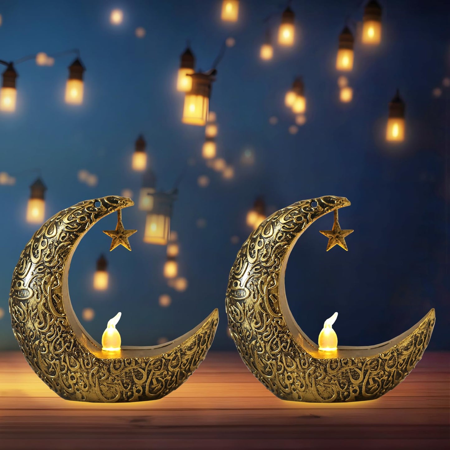 Hying 2 Pieces Ramadan Lanterns Decoration Eid-ul-fitr Table Lamp Eid Mubarak Flameless Candle Lanterns Ramadan Moon Star Lamp for Home Tabletop Decor-Golden Black