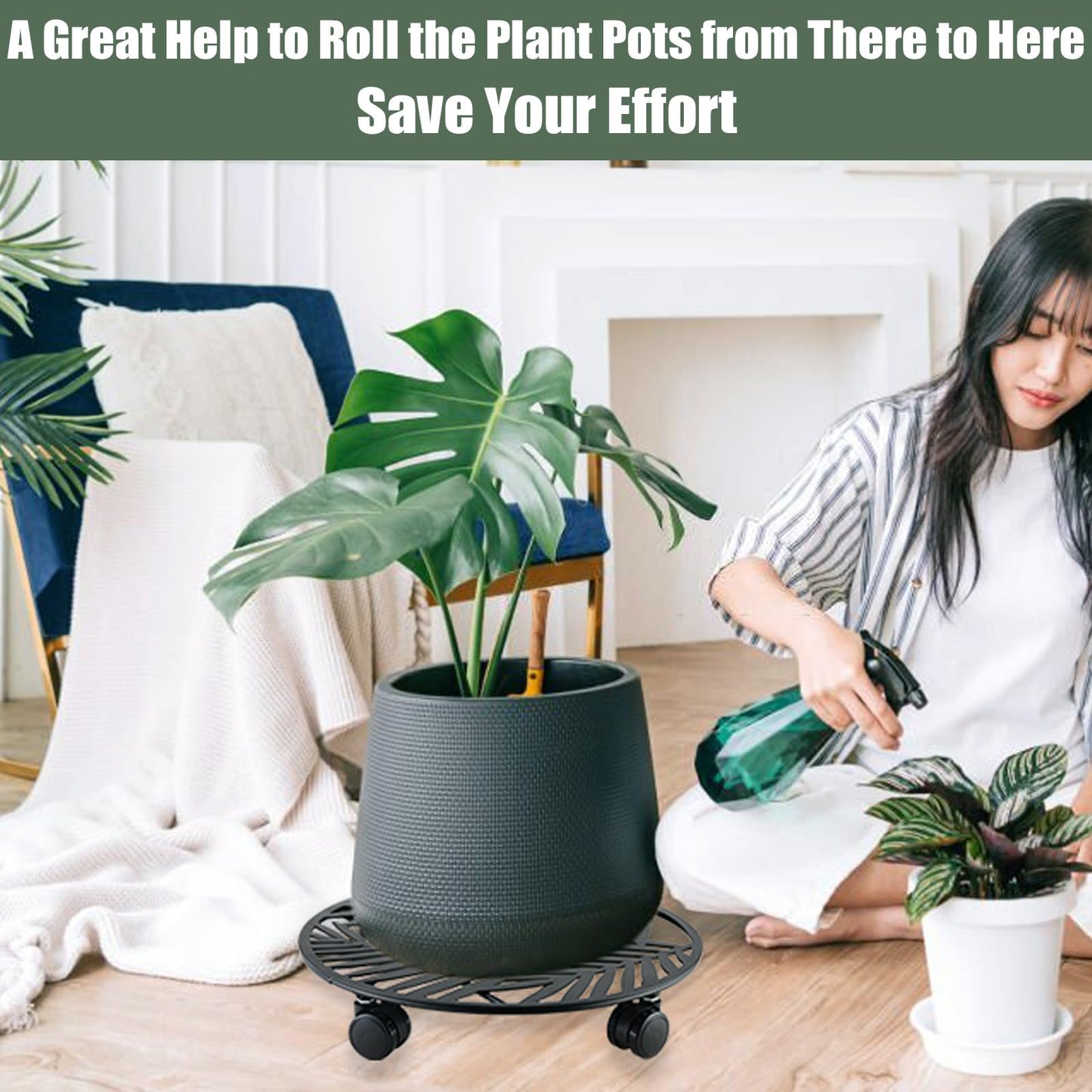 3 Packs Large Metal Plant Caddy with Wheels 13" Rolling Plant Stands Heavy-duty Wrought Iron Roller Planter Movers Indoor Outdoor Wheeled Plant Dolly with Casters Tray Coaster, Slender leaves