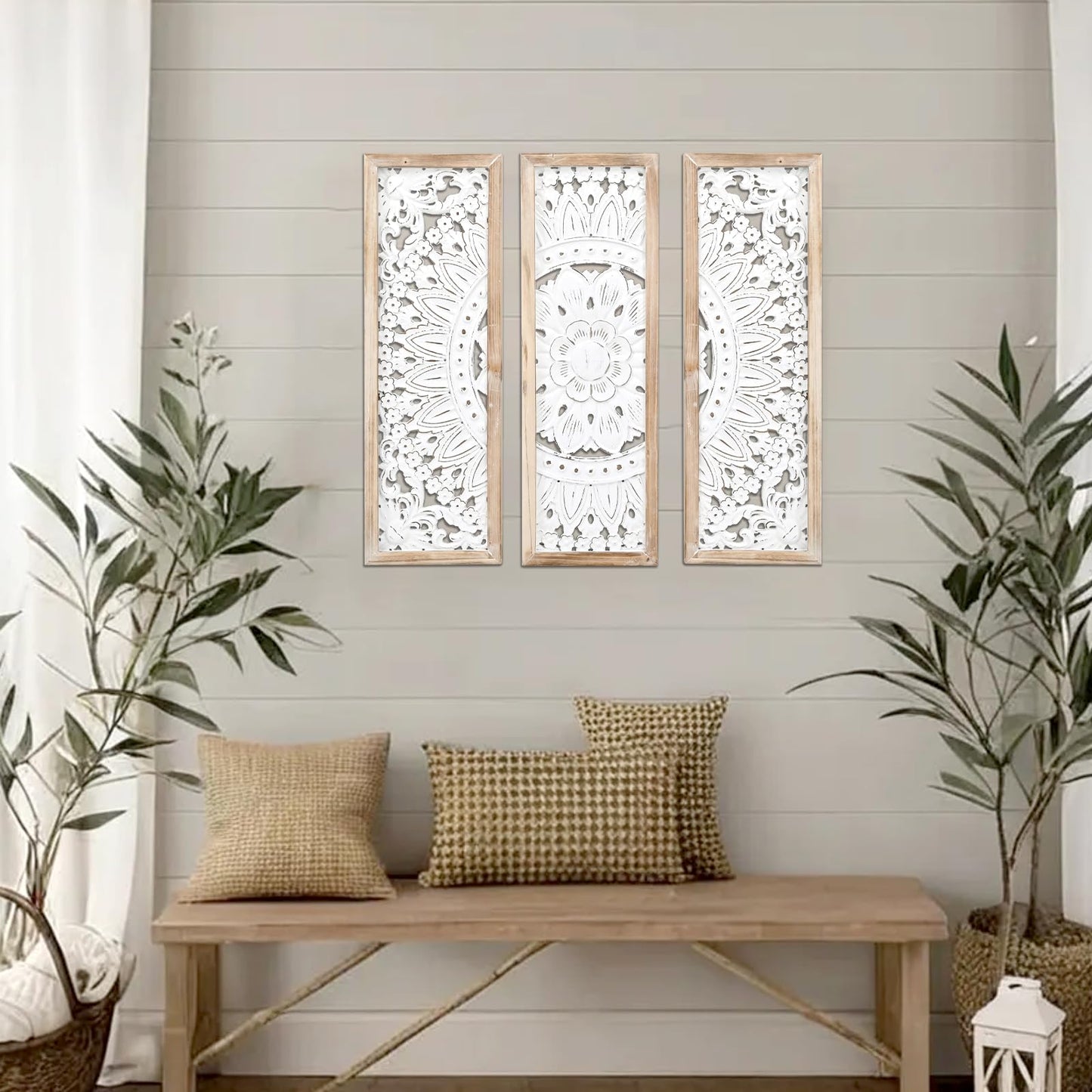 SwallowLiving 3D Layered Mandala Wood Wall Art Set of 3 – 23.6" Large Sacred Geometry Floral Sculptures, Intricately Carved Wood Panels for Meditation Room, Yoga Studio & Boho Decor, Distressed White