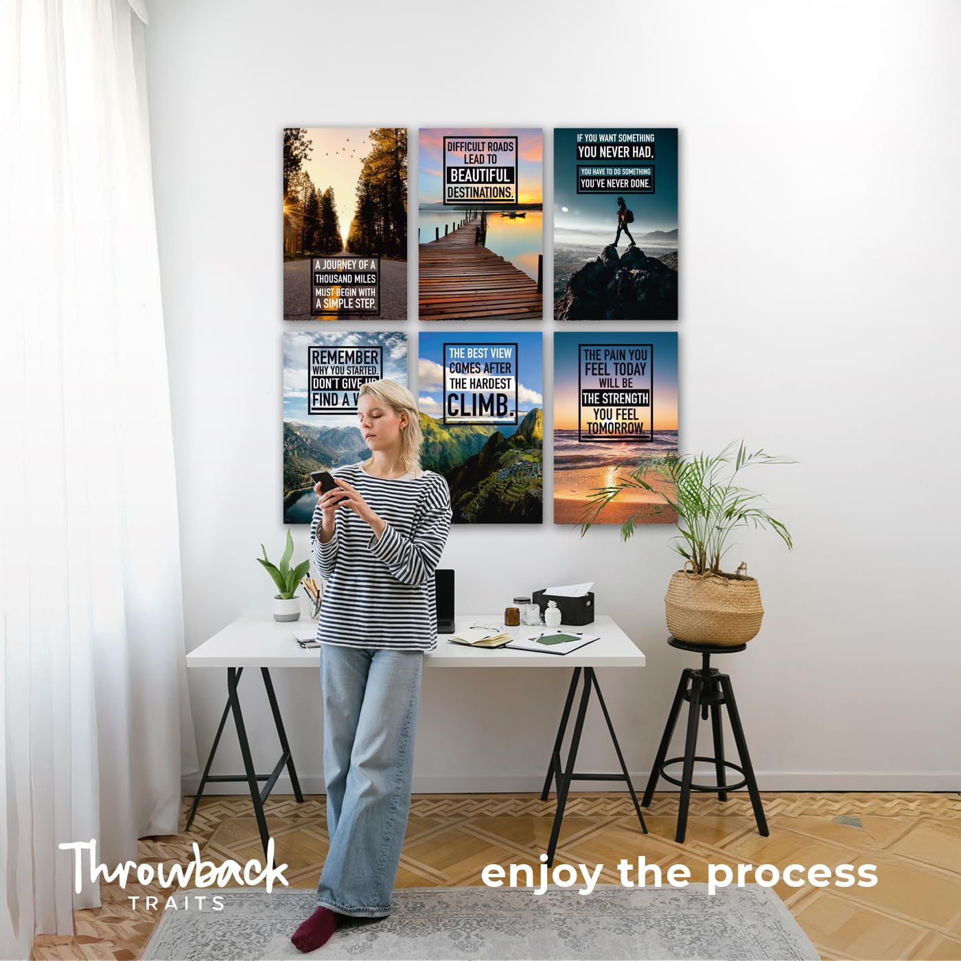 Throwbacktraits Canvas Motivational Wall Art – Set of 6 Inspirational Prints with Uplifting Phrases & Vibrant Images, Eco-Friendly & Framed, Ready to Hang for Office Wall Decor, Living Room & Bedroom Décor