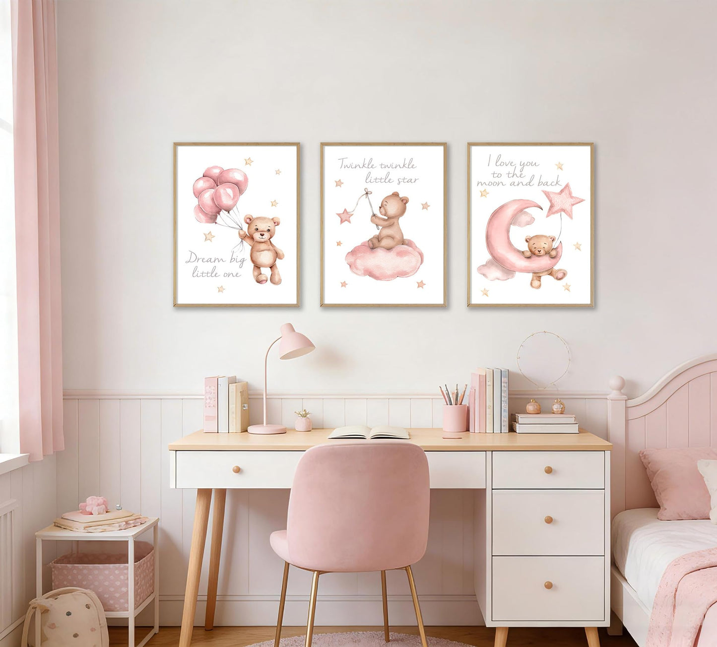 3Pcs Pink Teddy Bear Nursery Wall Art Prints, Dream Big Little One I Love You to the Moon and Back Twinkle Twinkle Little Star Posters, Baby Girl Room Decor for Nursery Playroom 12x16in Unframed