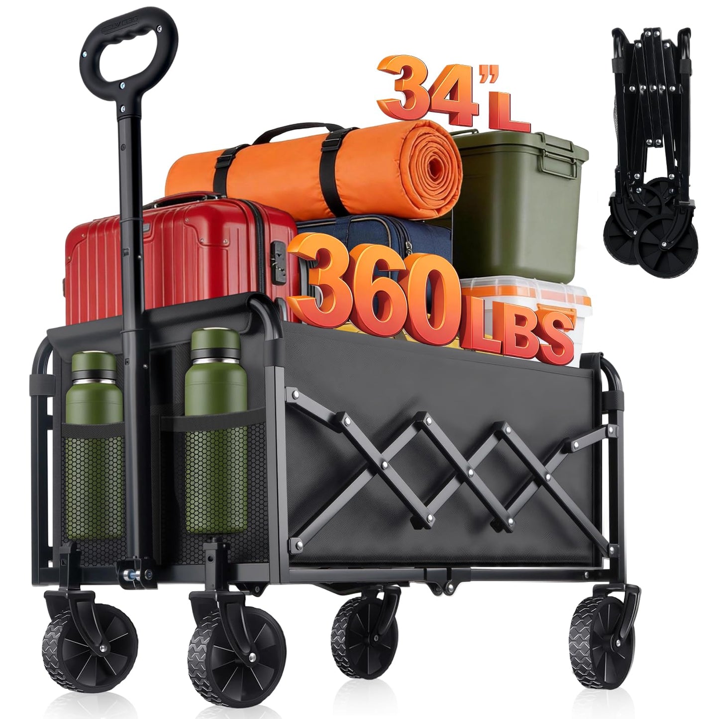 Collapsible Foldable Wagon Cart with Wheels - 360LBS Heavy Duty Folding Wagon Carts, Portable Lightweight Utility Wagon with All-Terrain Wheels & 2 Cup Holders, Grocery/Beach/Sports/Shopping/Black