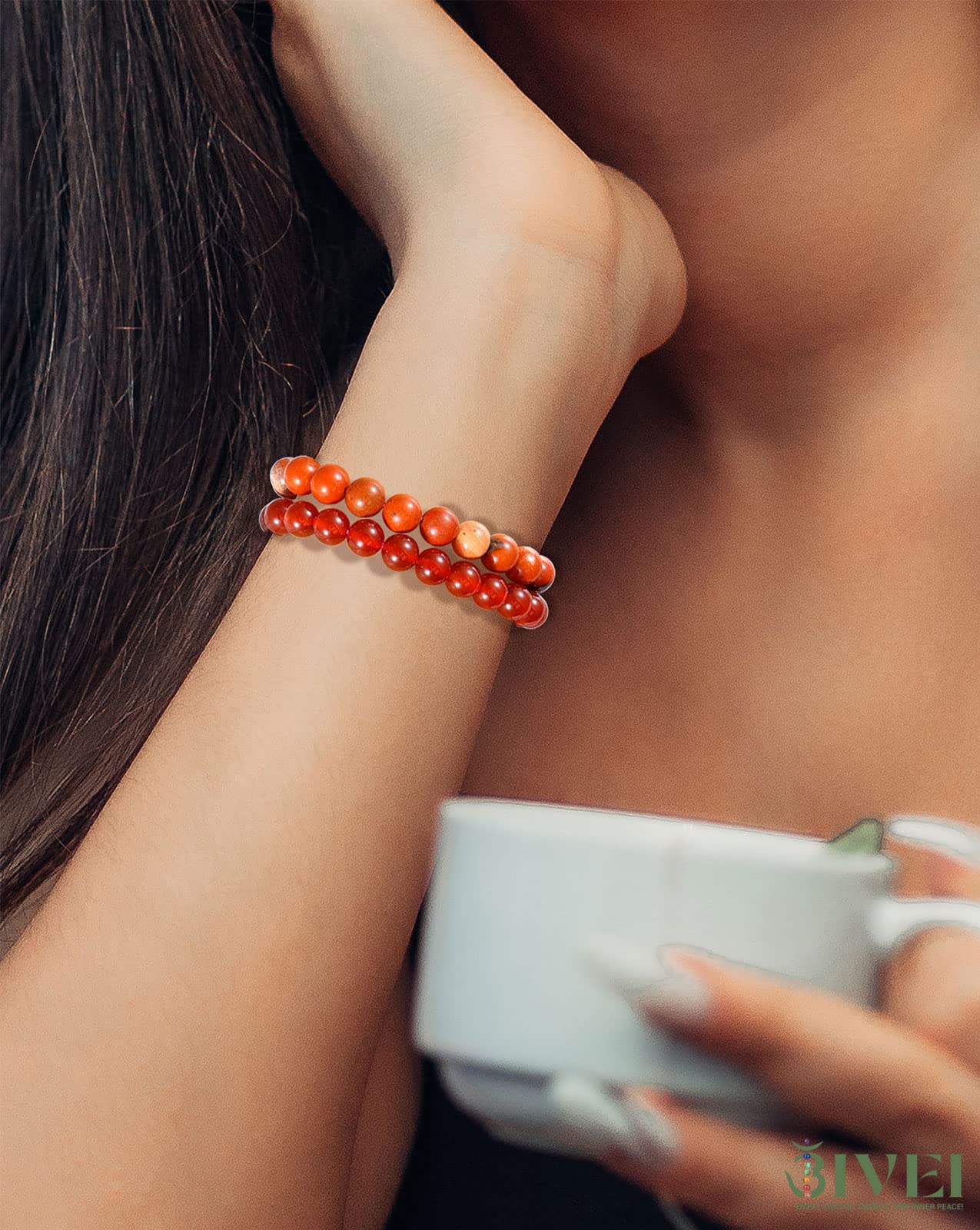Bivei Natural Gemstone Semi Precious Crystals Handmade Stretchy Round Beads Bracelet, Enhance Positive Energy,Stocking Stuffers for Women(Red Agate & Red Jasper (Vitality) Medium)