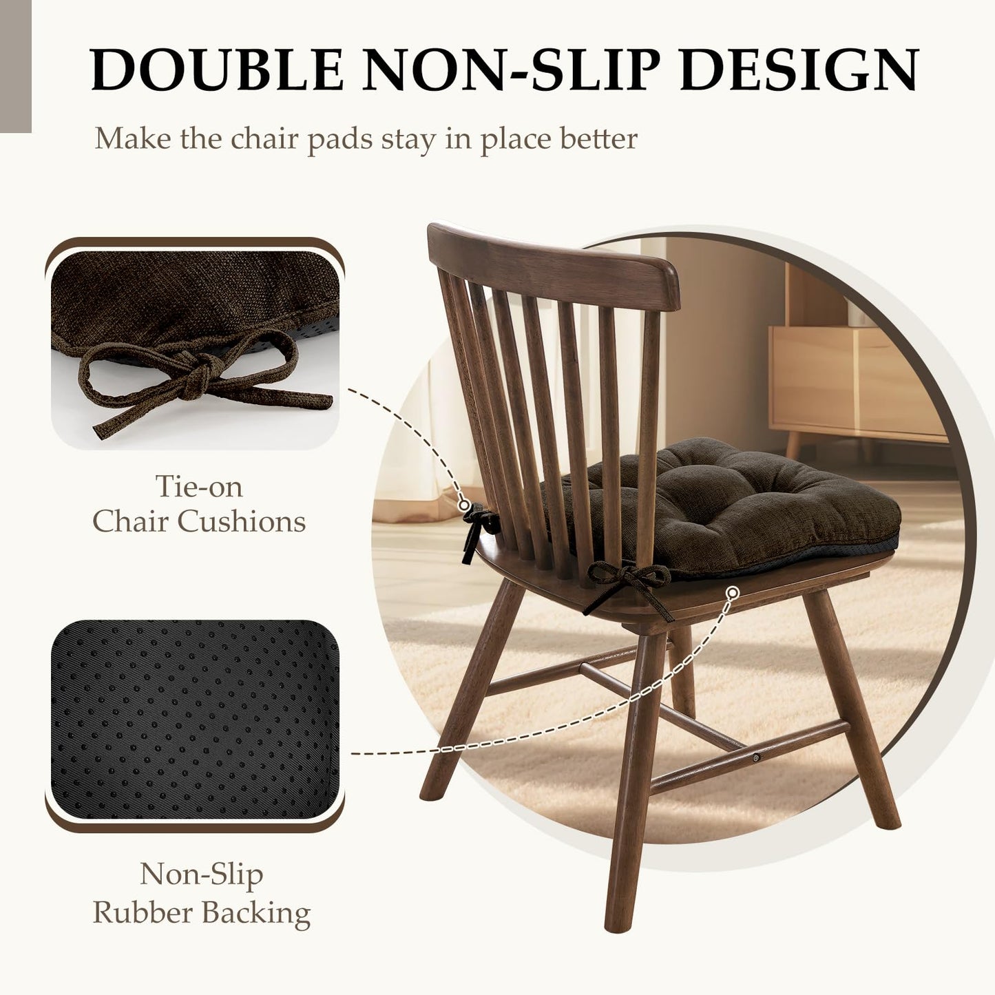HARBOREST Chair Cushions for Dining Chairs Set of 2 - Chenille Tufted Kitchen Chair Cushions with Ties and Non-Slip Bottom, Foam Chair Pads for Dining Chairs, 17" x 17", Chocolate
