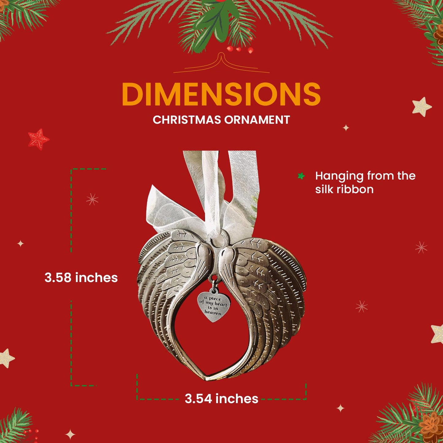 Christmas Ornaments Angel Wings - A Piece of My Heart is in Heaven Ornament for Christmas Tree - Double Sided Memorial Ornament for Loss of Loved One - Luxurious Silk Ribbon & Red Gift Bag