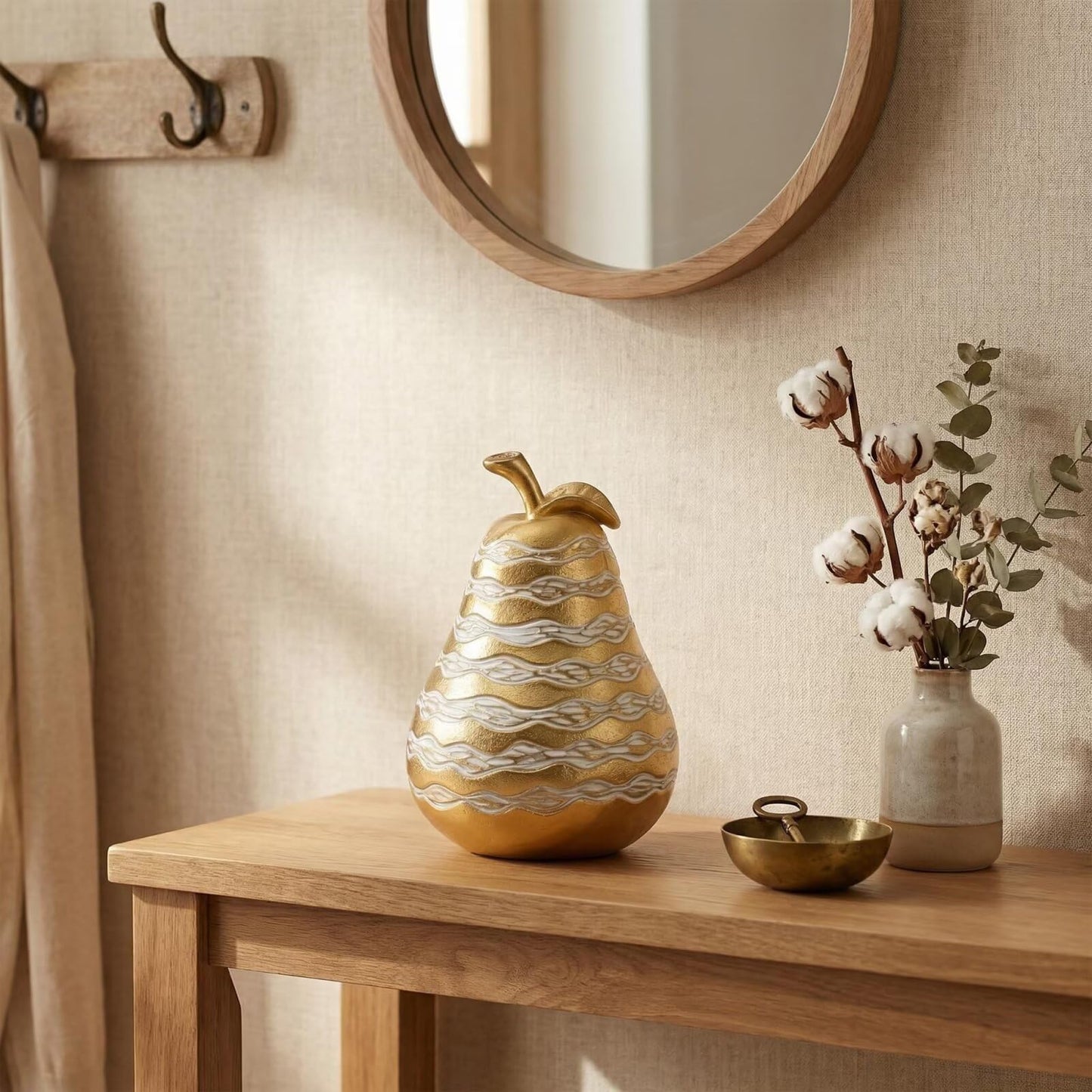 Zhao Xiang Modern Gold & White Pear Figurine - 6" Resin Fruit Statue with Textured Wavy Stripes, Contemporary Kitchen Island, Coffee Table & Shelf Decor Centerpiece
