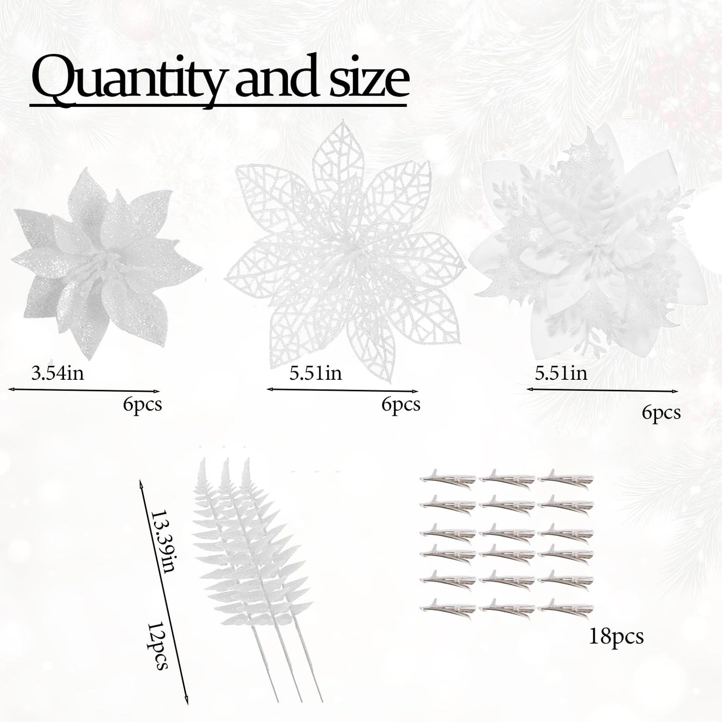 30 Pcs 3 Styles Poinsettias Artificial Christmas Flowers Decorations Set, 18 Poinsettia Flowers Artificial with 12 Christmas Tree Picks for Xmas Decor Holiday Party Decorations（White）