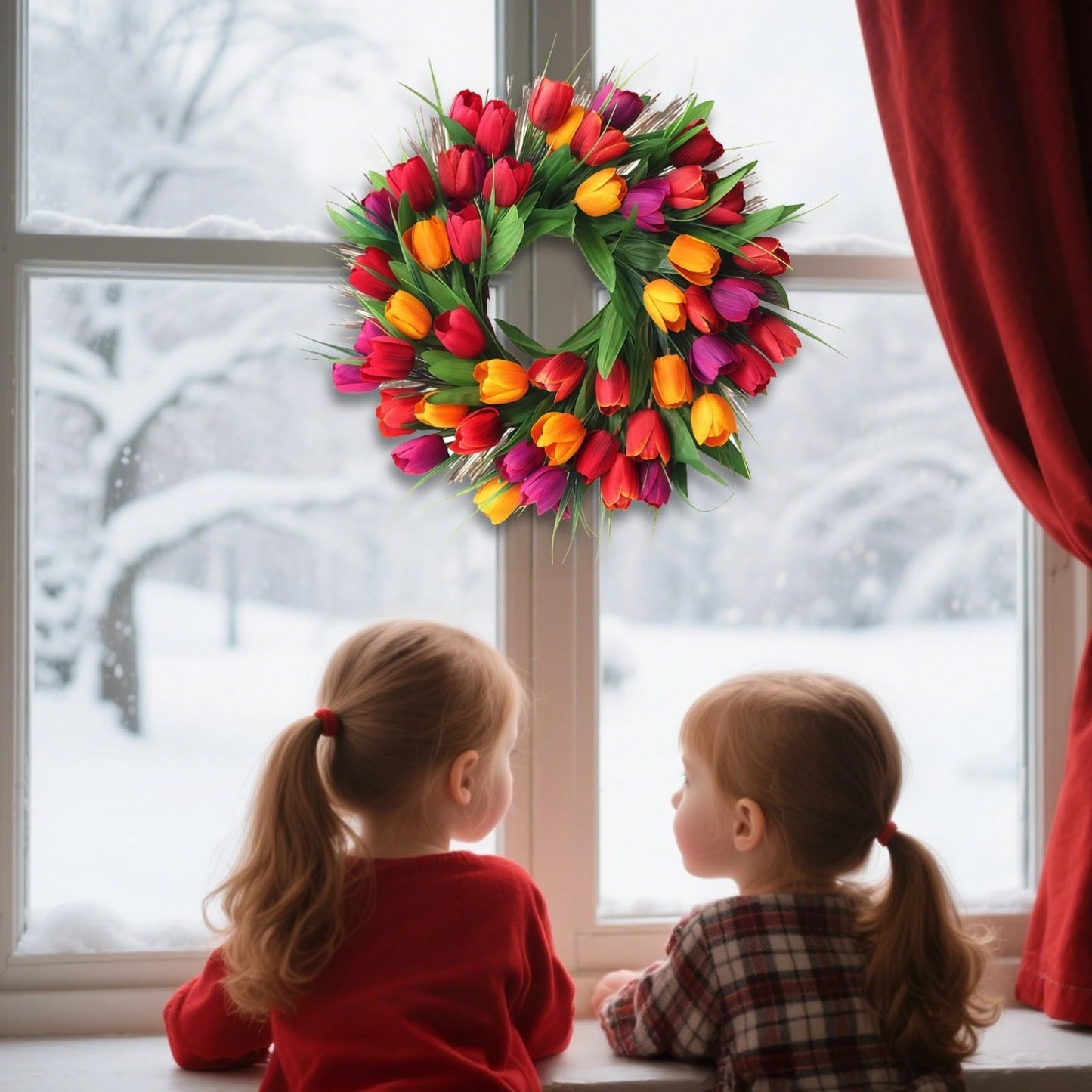 Vestamore Red, Yellow, Orange, Vibrant Petals with Faux Spring Wreath, 15.8 in/ 40 Cm for Front Door, Rattan Base Natural, Decoration Spring Multi-Purpose Home and Outdoor