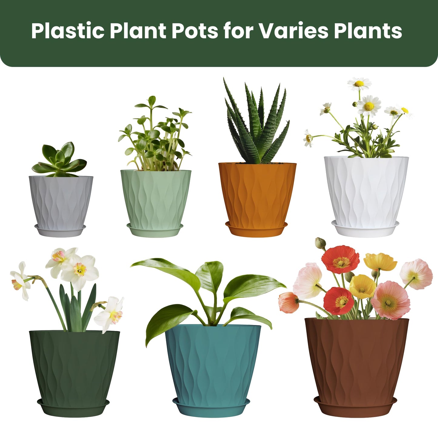 LESOASIS 7/6.5/6/5.5/5/4.5/4 inch Plastic Plant Pots, 7 Pack Flower Planter for Indoor Outdoor Plant, Planters with Drainage Holes and Trays (Colorful)