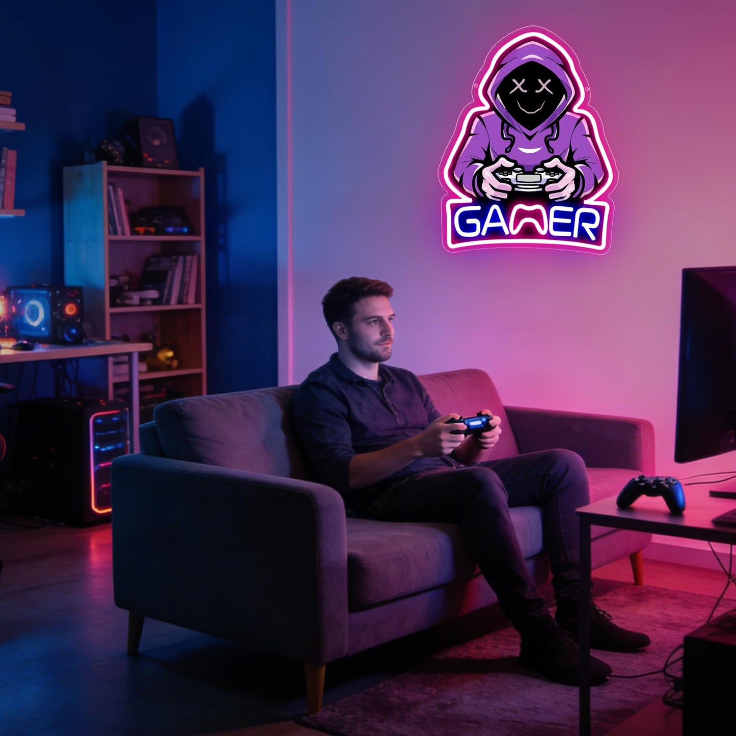 QEOICINH Gamer Neon Sign, Purple Hooded Gamer Neon Signs for Wall Decor,Gamer Room Decor for Boys, Teenage Boy Gifts, Gamer Gifts, Wall Light for Game Room, Man Cave