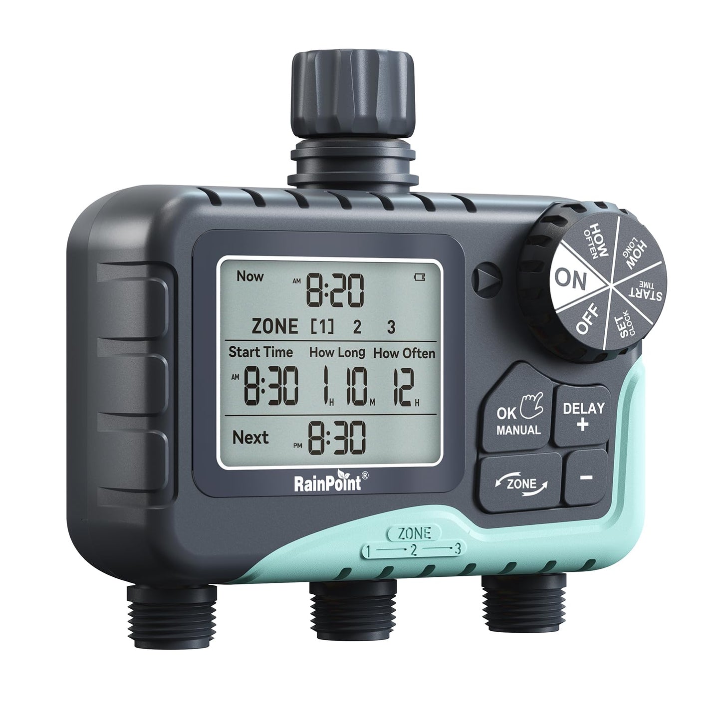 RAINPOINT Sprinkler Timer 3 Zone, Programmable Water Timer for Watering with Automatic/Manual/Rain Delay/Watering Mode, IP65 Waterproof, Large LCD