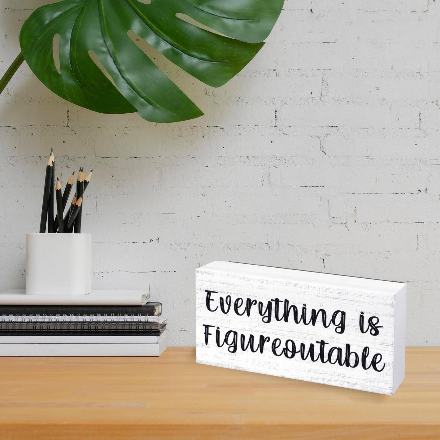 Esur Home Office Desk Decor - Inspirational Farmhouse Wooden Box Sign - Everything is Figureoutable(White)