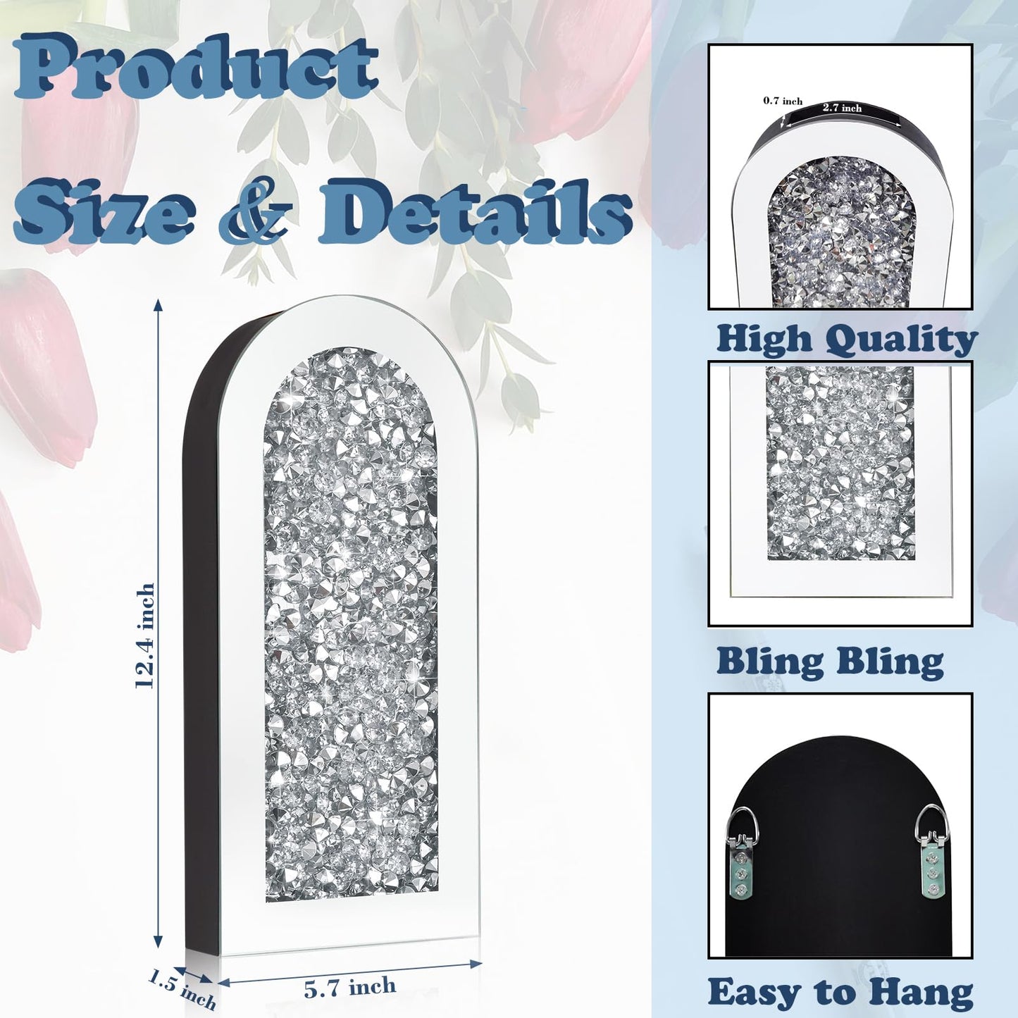 Set of 2 Crushed Diamond Wall Mirror Vases Bling Crystal Rhinestones Hanging Home Decor for Living Room Bedroom Wedding Housewarming Gift