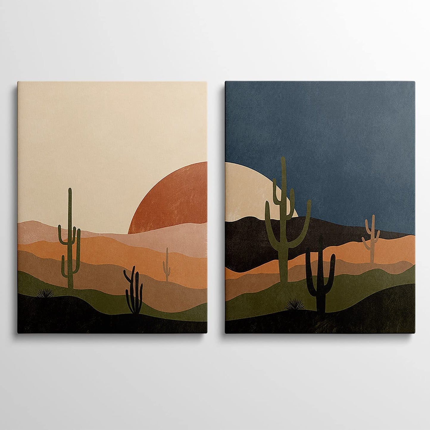 Mid Century Desert Prints Boho Cactus Canvas Prints Sun and Moon Day and Night Canvas Wall Art Modern Abstract Landscape Art for Living Room Decor Bedroom Dining Room Set of 2, 12x16 inch Framed