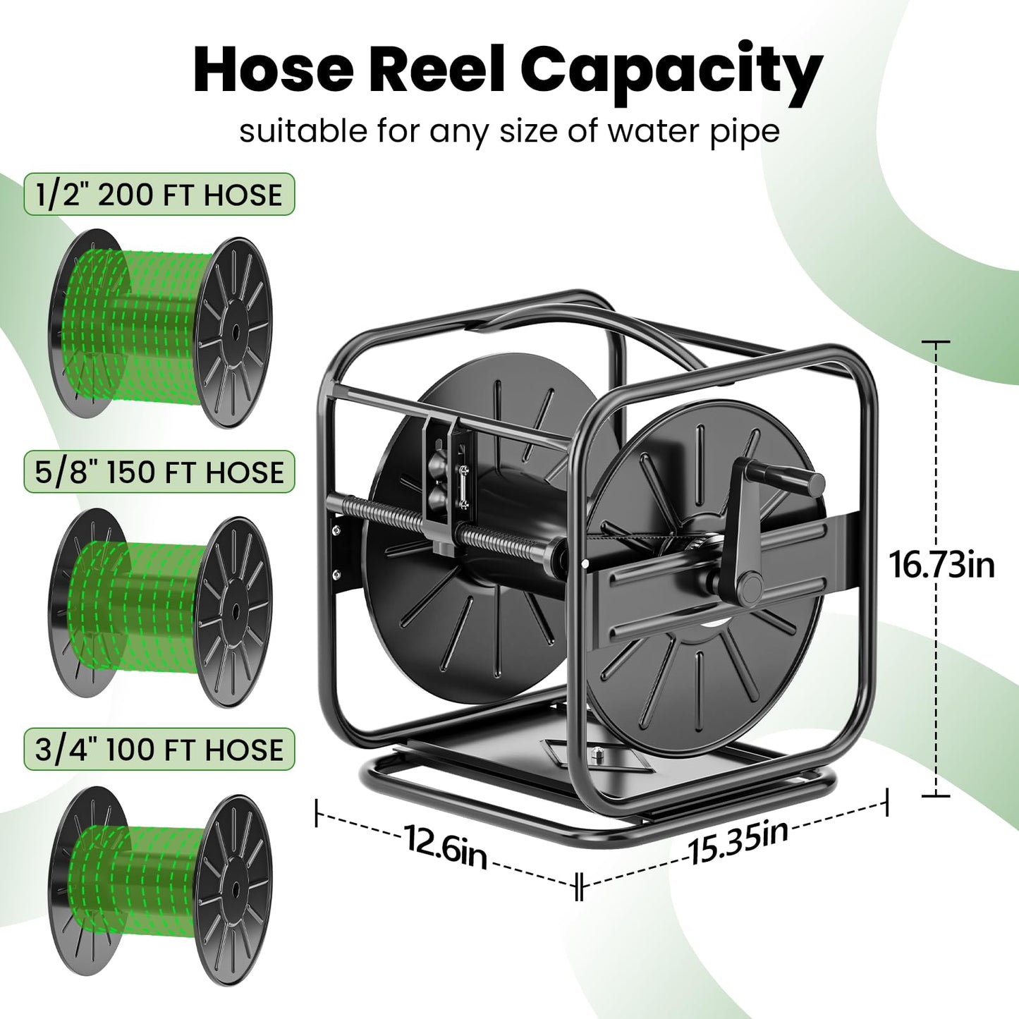 SPECILITE Garden Hose Reels, Holds 100 to 200 FT Hoses, Upgraded Guide System, 360° Swivel Base, Includes 5/8'' x 6ft Leader Hose for Outside, Yard, Wall Mount/Floor Water Pipe Spool