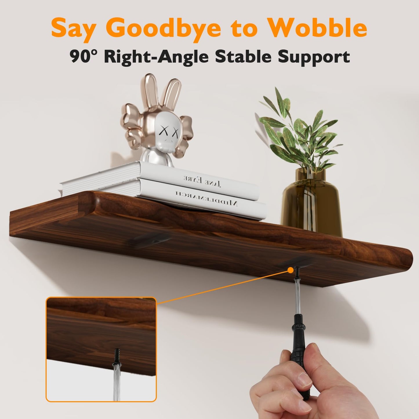 Avytronx Solid Wood Live Edge Floating Shelves Set of 2 – 24" Rustic Wall Shelf with Hidden Bracket System, Wall Mounted Shelves for Bathroom, Kitchen, Living Room, Bedroom (Walnut)