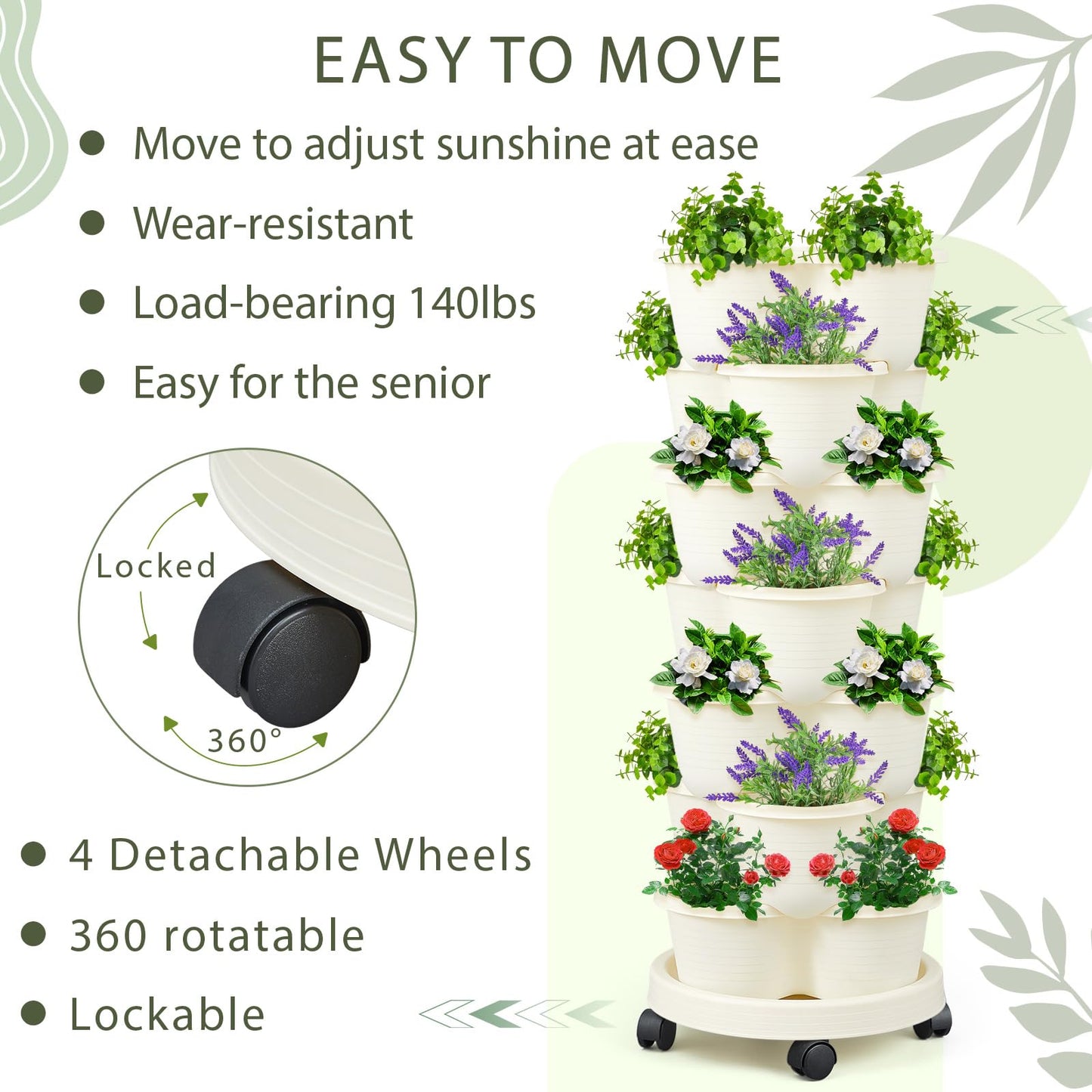 Umigy 2 Set Ivory 2 Set of 7 Tier Stackable Vertical Planters with Removable Wheels and Tools Tower Planters Strawberry Herb Flower Vegetable Pots Indoor Outdoor Gardening Pots
