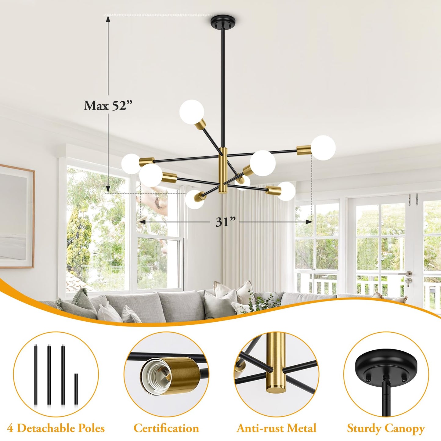 BesLowe 31‘’ 8-Light Modern Sputnik Chandelier, Mid Century Black & Gold Chandeliers Lighting, Farmhouse Ceiling Hanging Light Fixture for Dining Room Bedroom Room Kitchen Foyer, Height Adjustable
